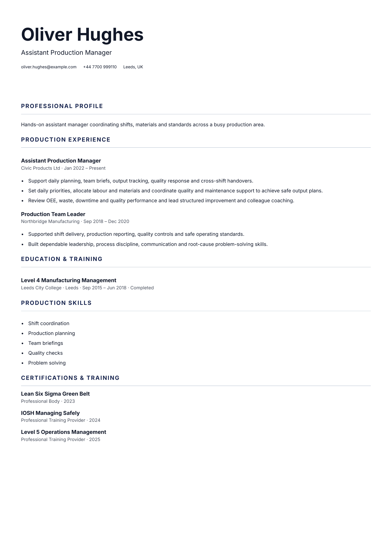 Assistant Production Manager CV template