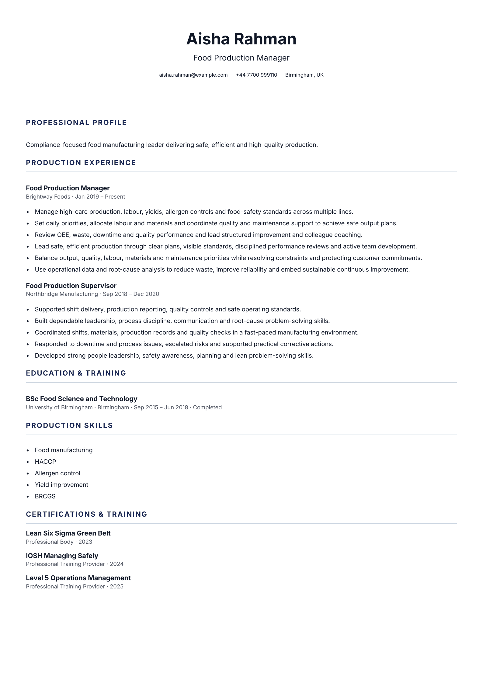 Food Production Manager CV template