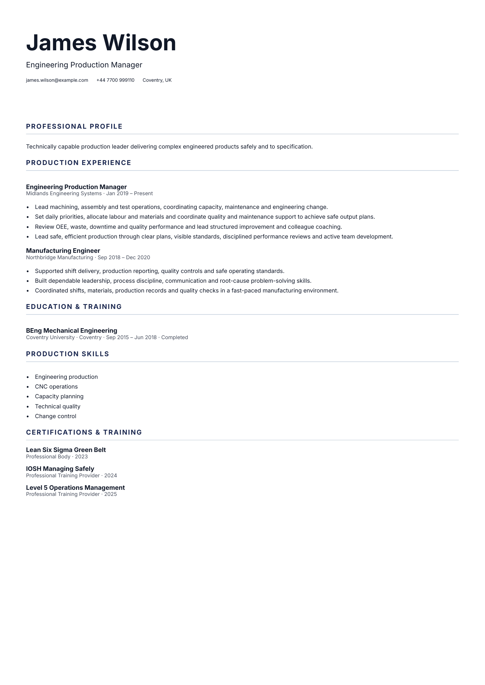 Engineering Production Manager CV template