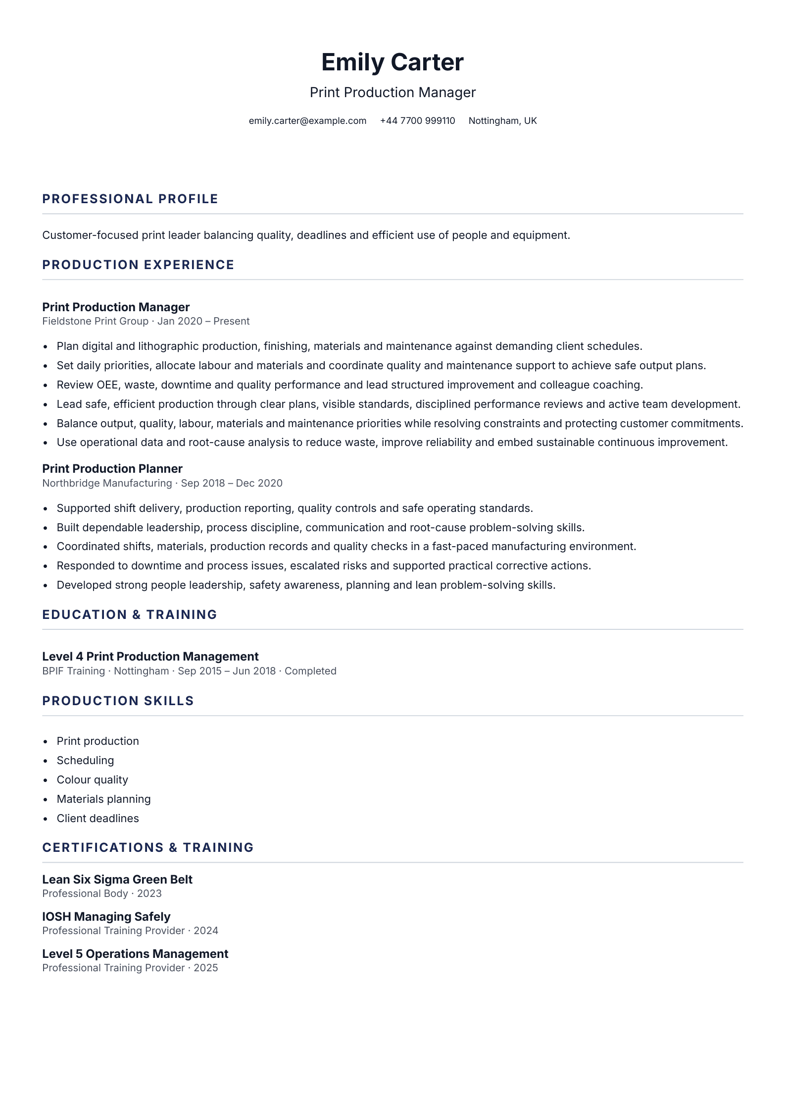 Print Production Manager CV template