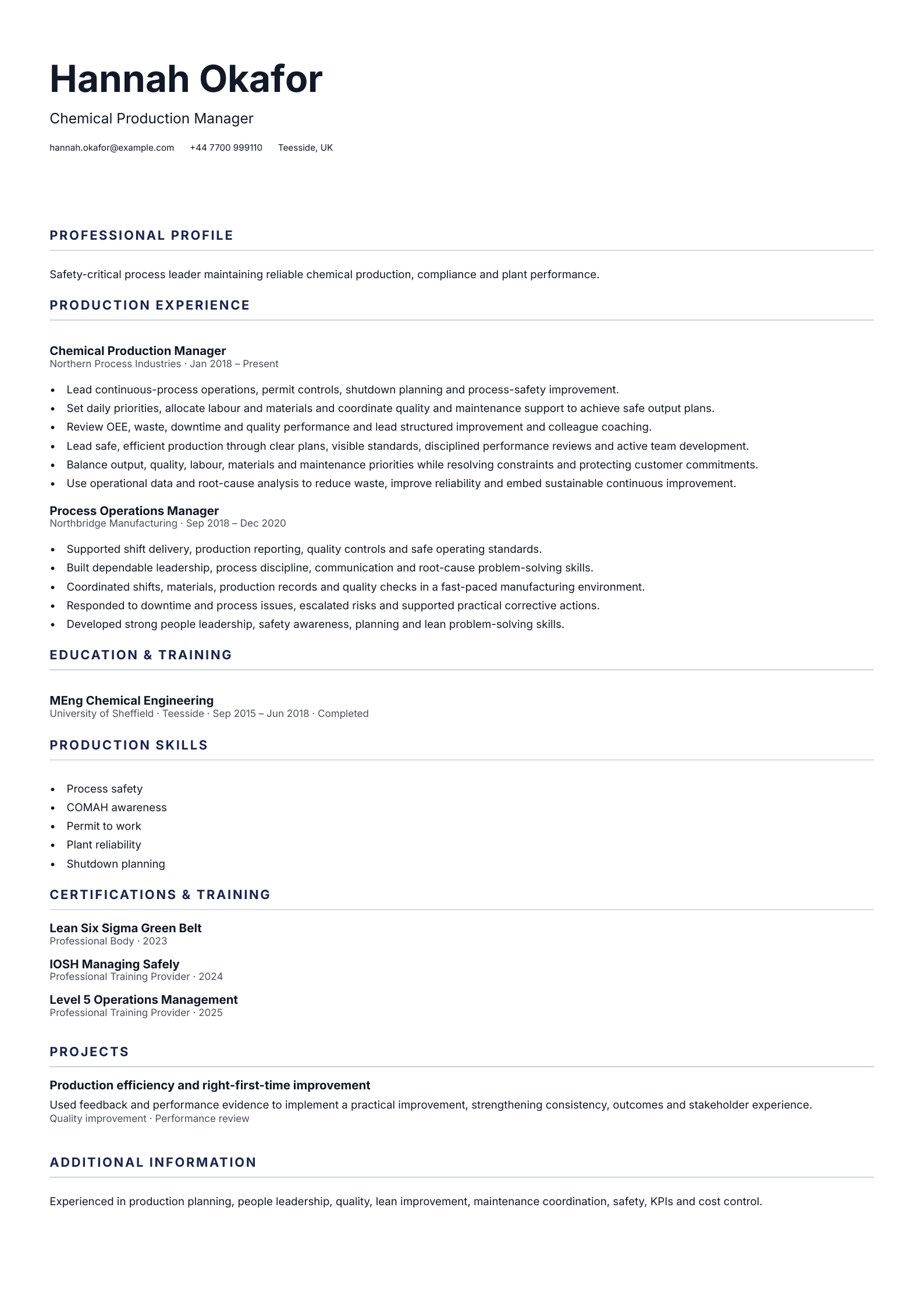 Chemical Production Manager CV template