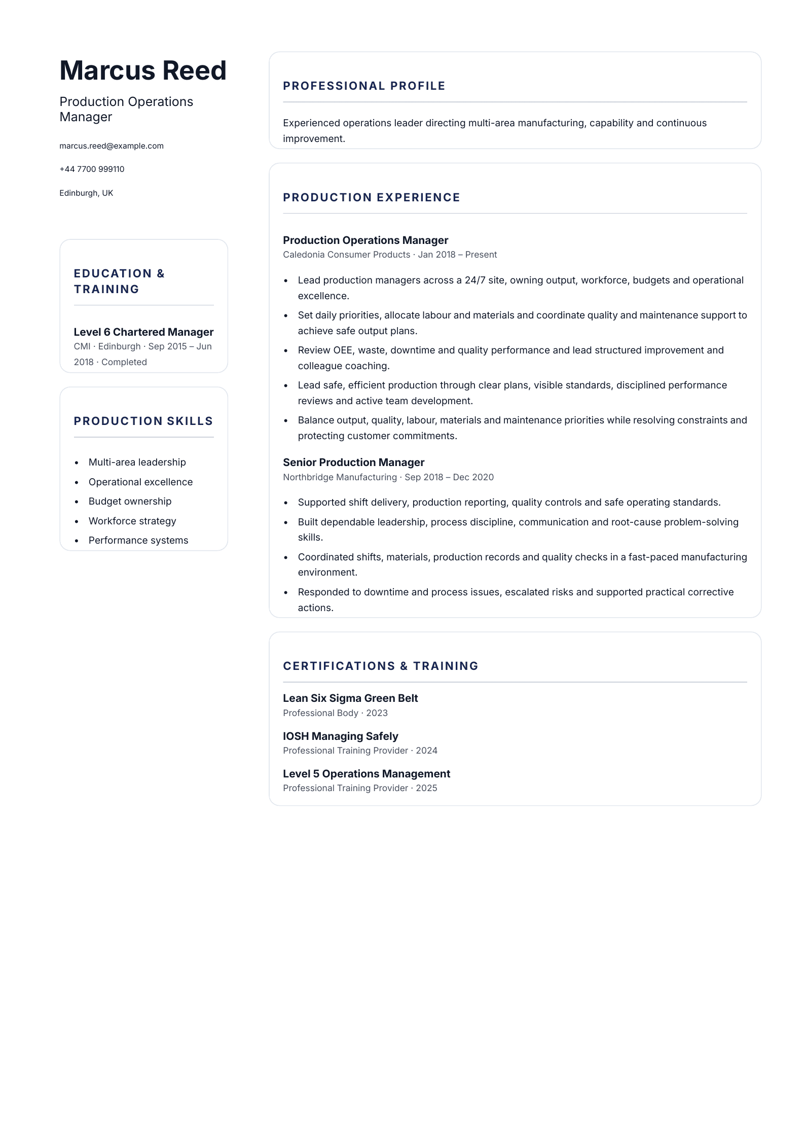 Production Operations Manager CV template