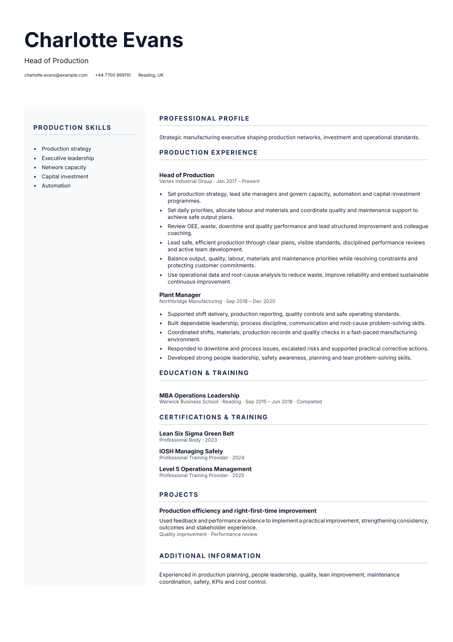 Head of Production CV template