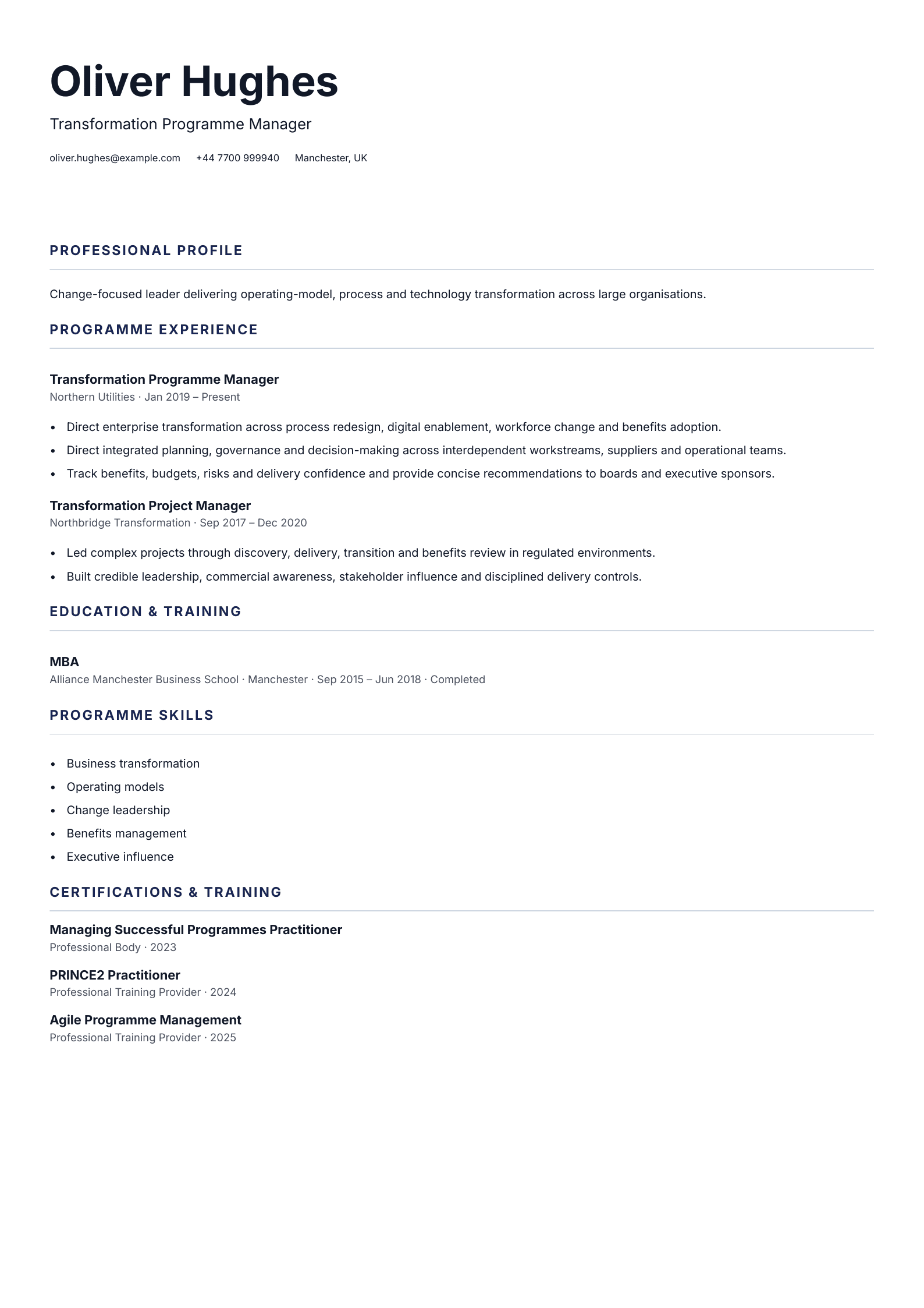 Transformation Programme Manager CV template