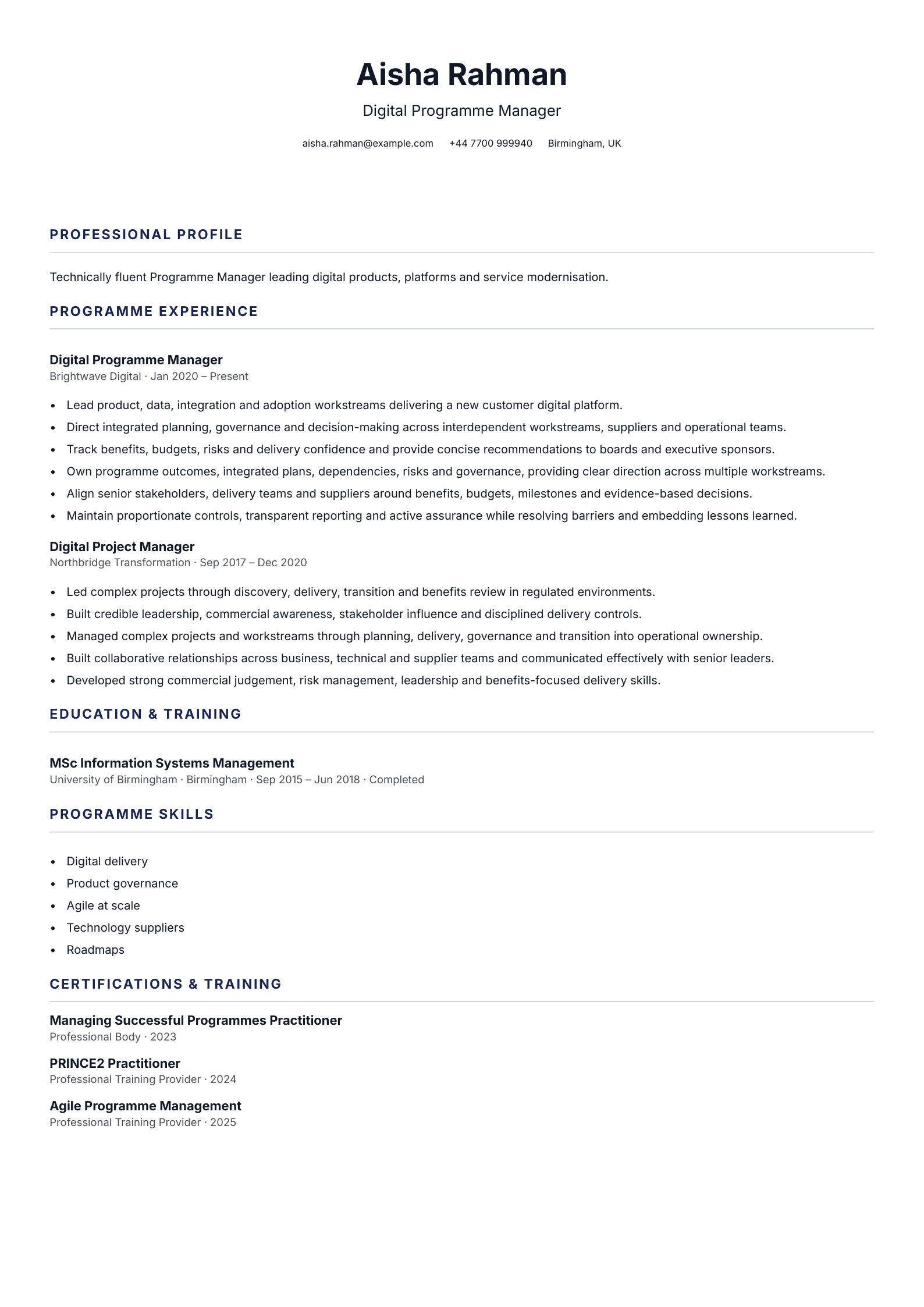 Digital Programme Manager CV template
