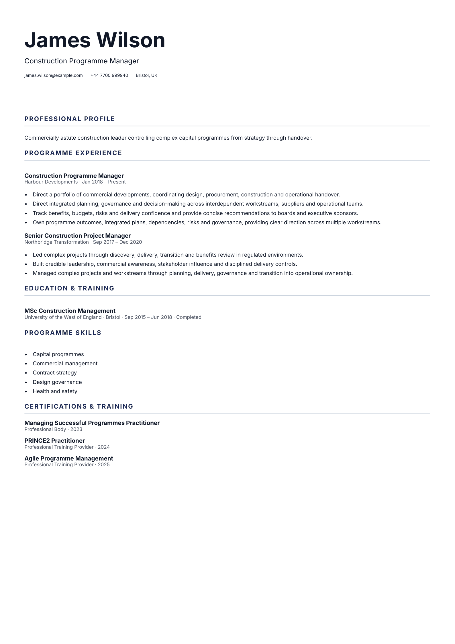 Construction Programme Manager CV template