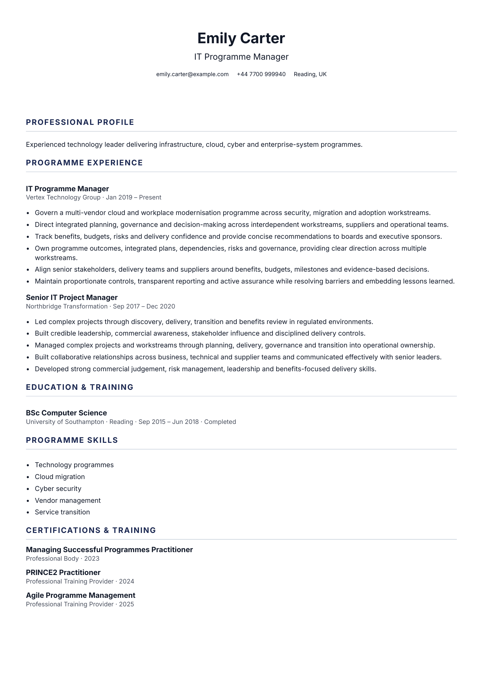 IT Programme Manager CV template