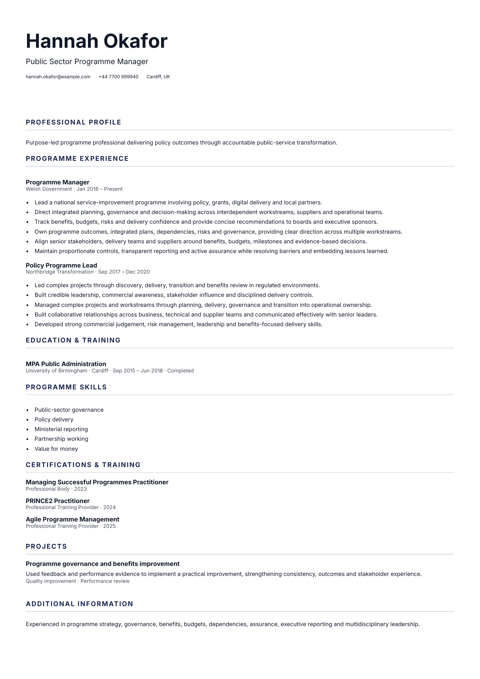 Public Sector Programme Manager CV template