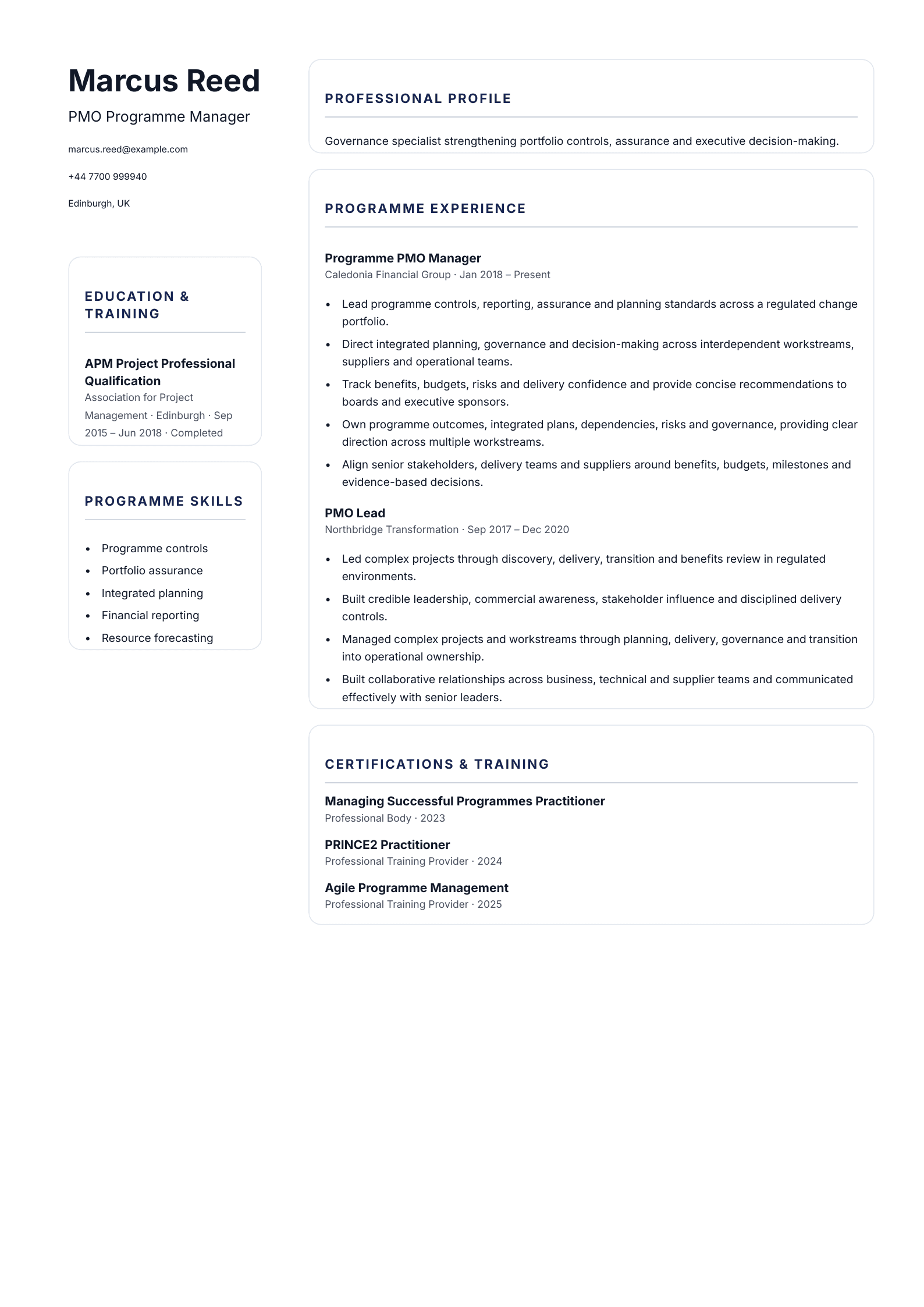 PMO Programme Manager CV template