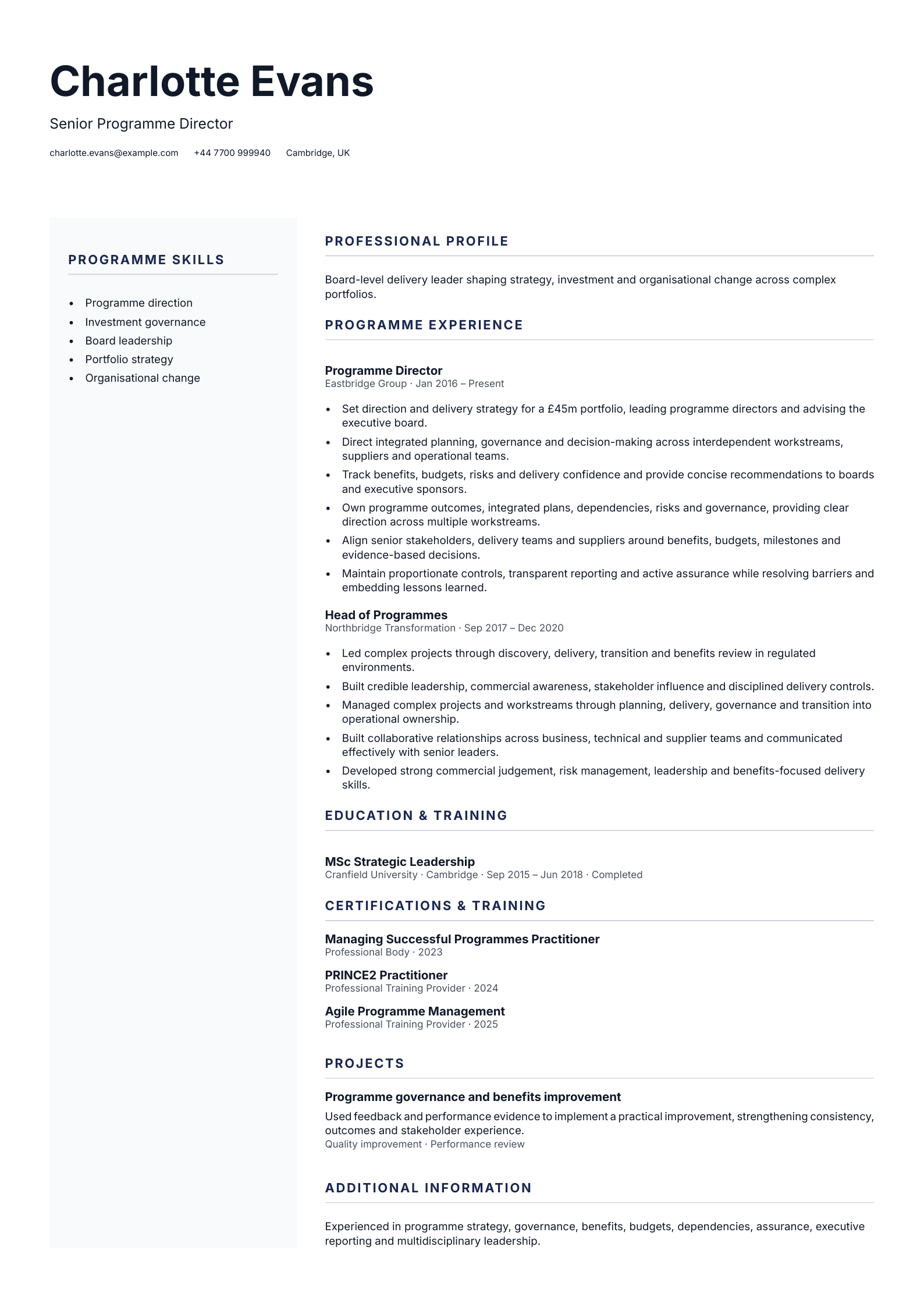 Senior Programme Director CV template