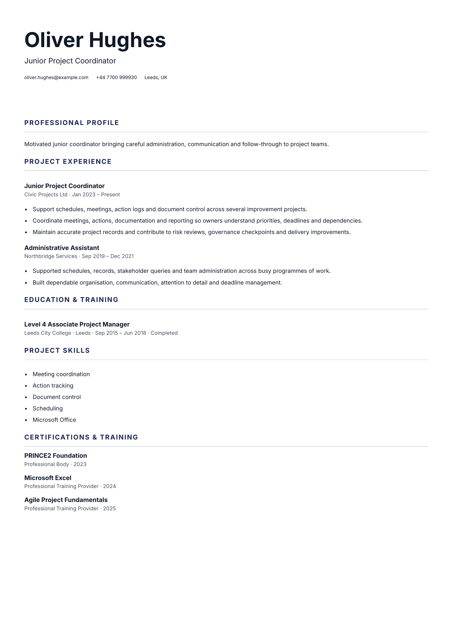 Junior Project Coordinator CV template