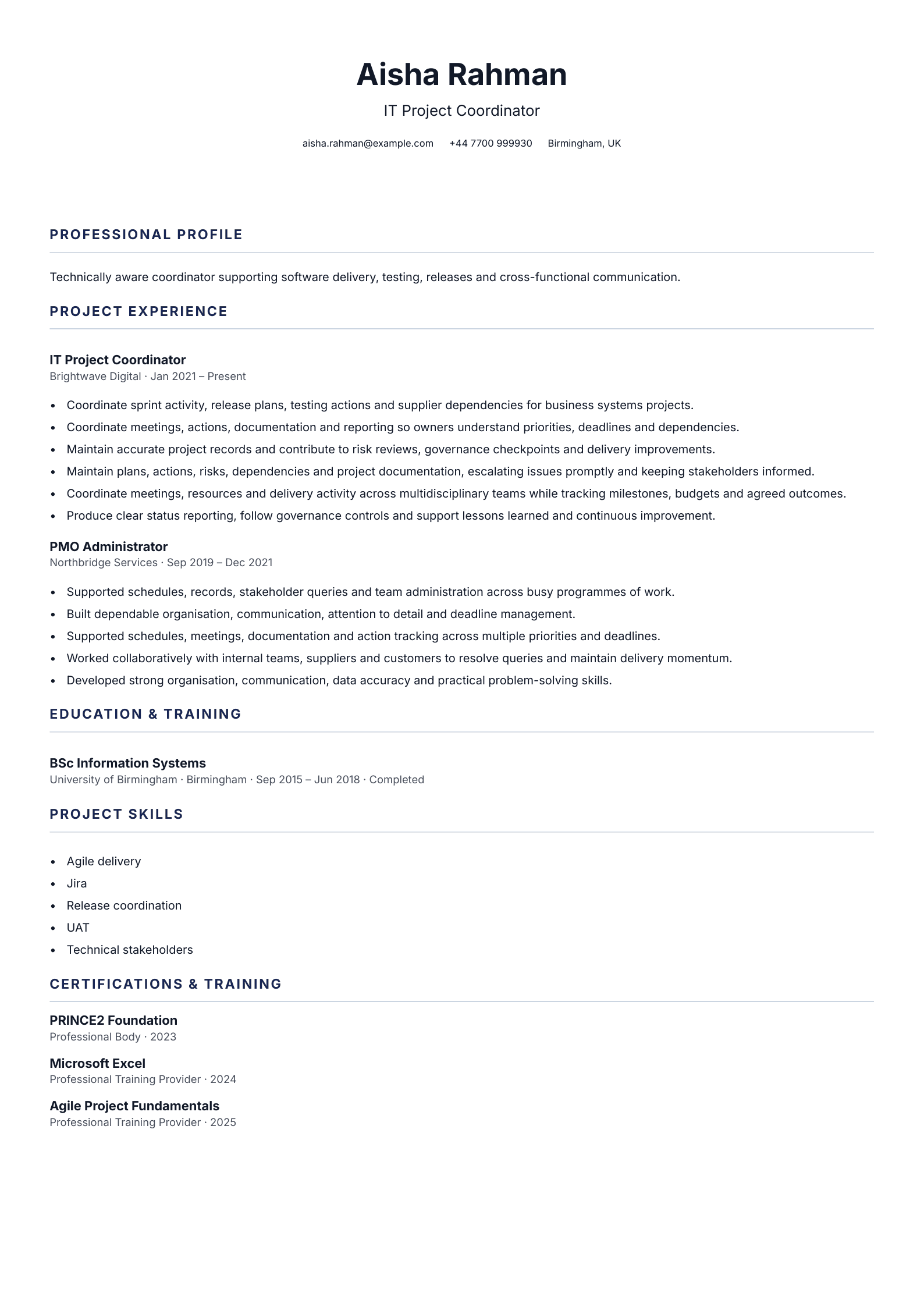 IT Project Coordinator CV template