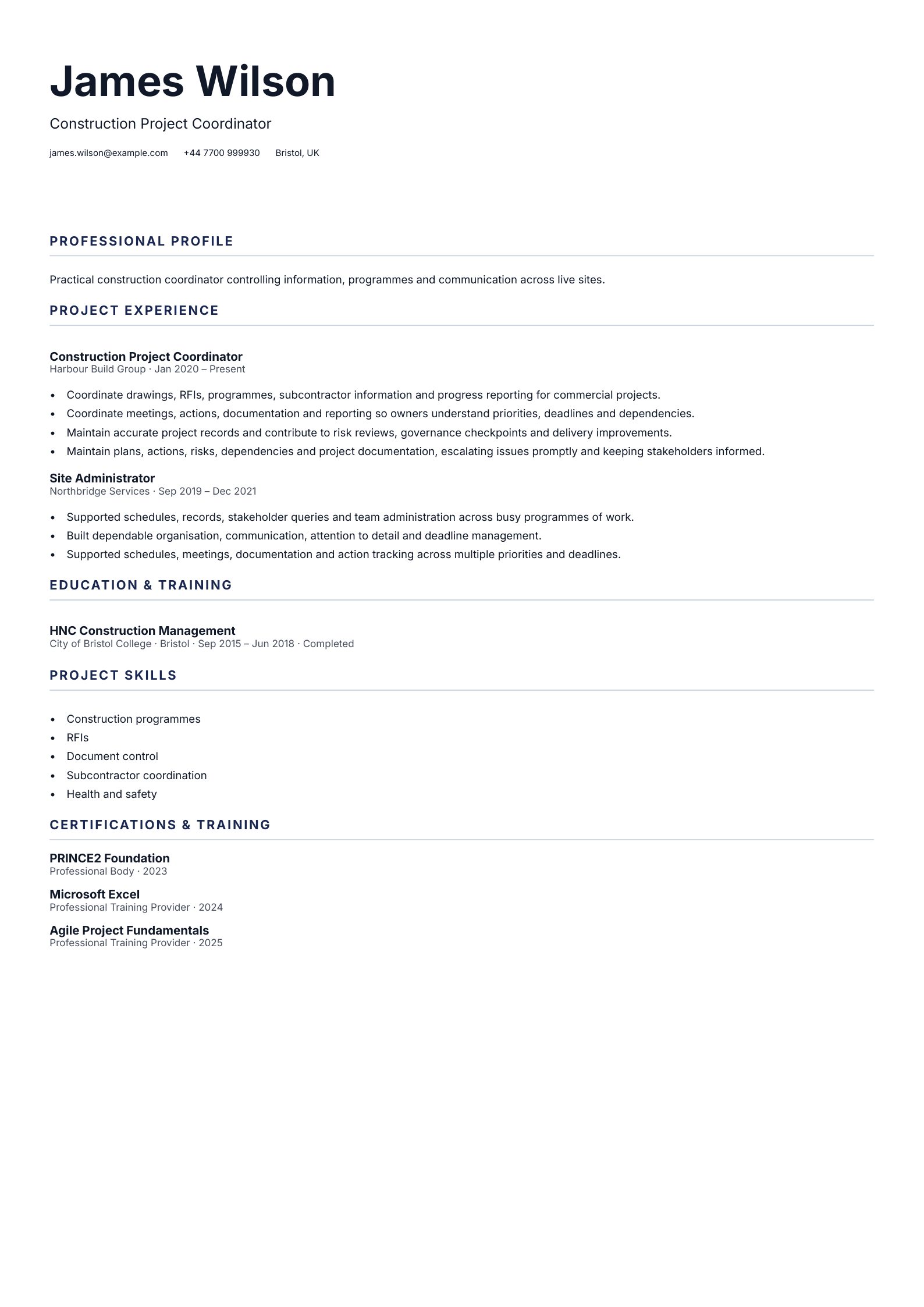 Construction Project Coordinator CV template