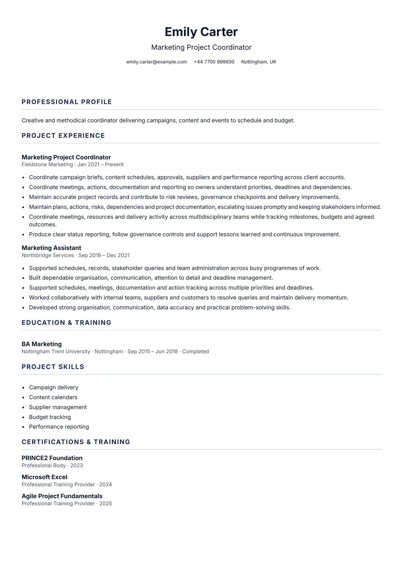Marketing Project Coordinator CV template