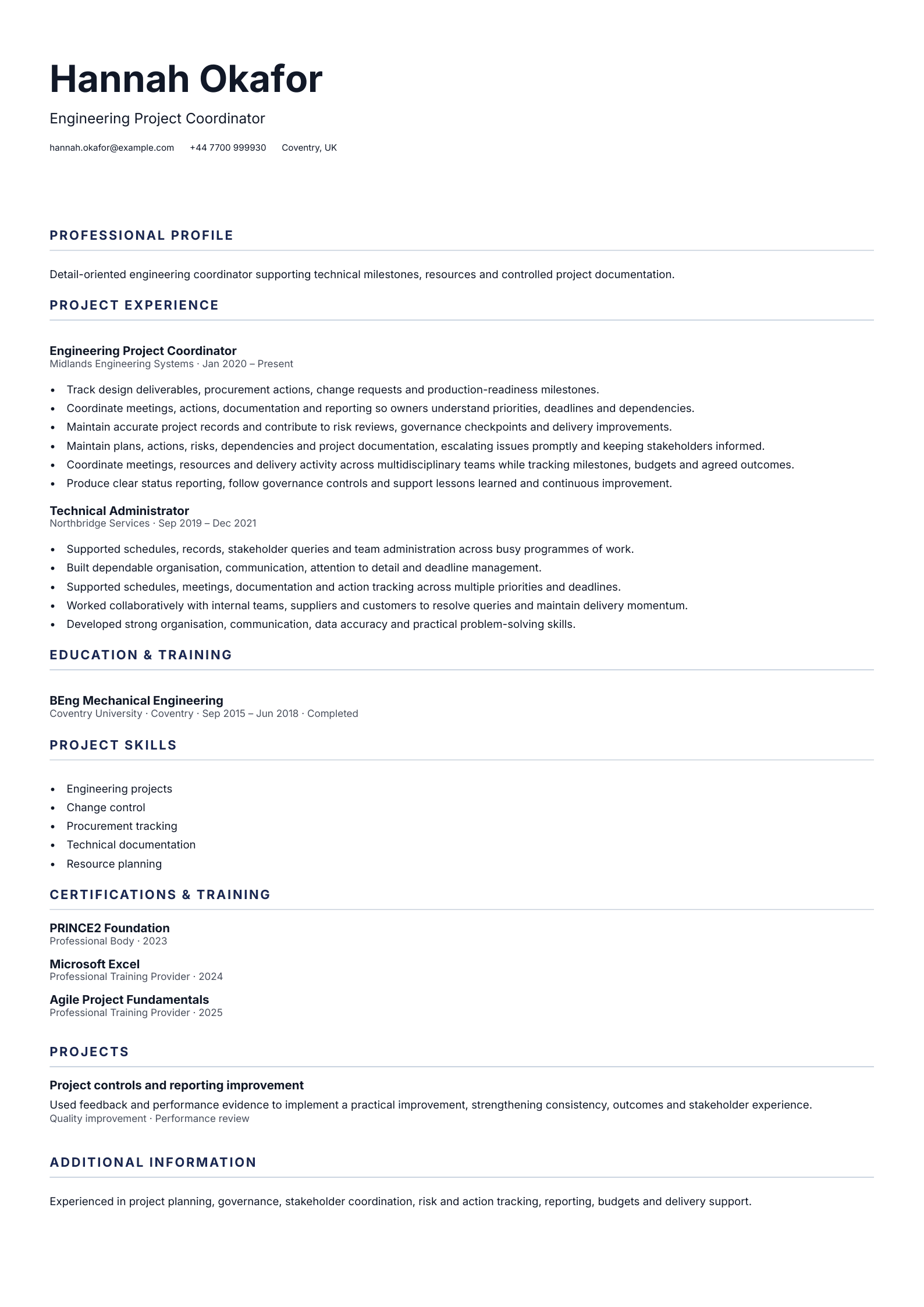 Engineering Project Coordinator CV template