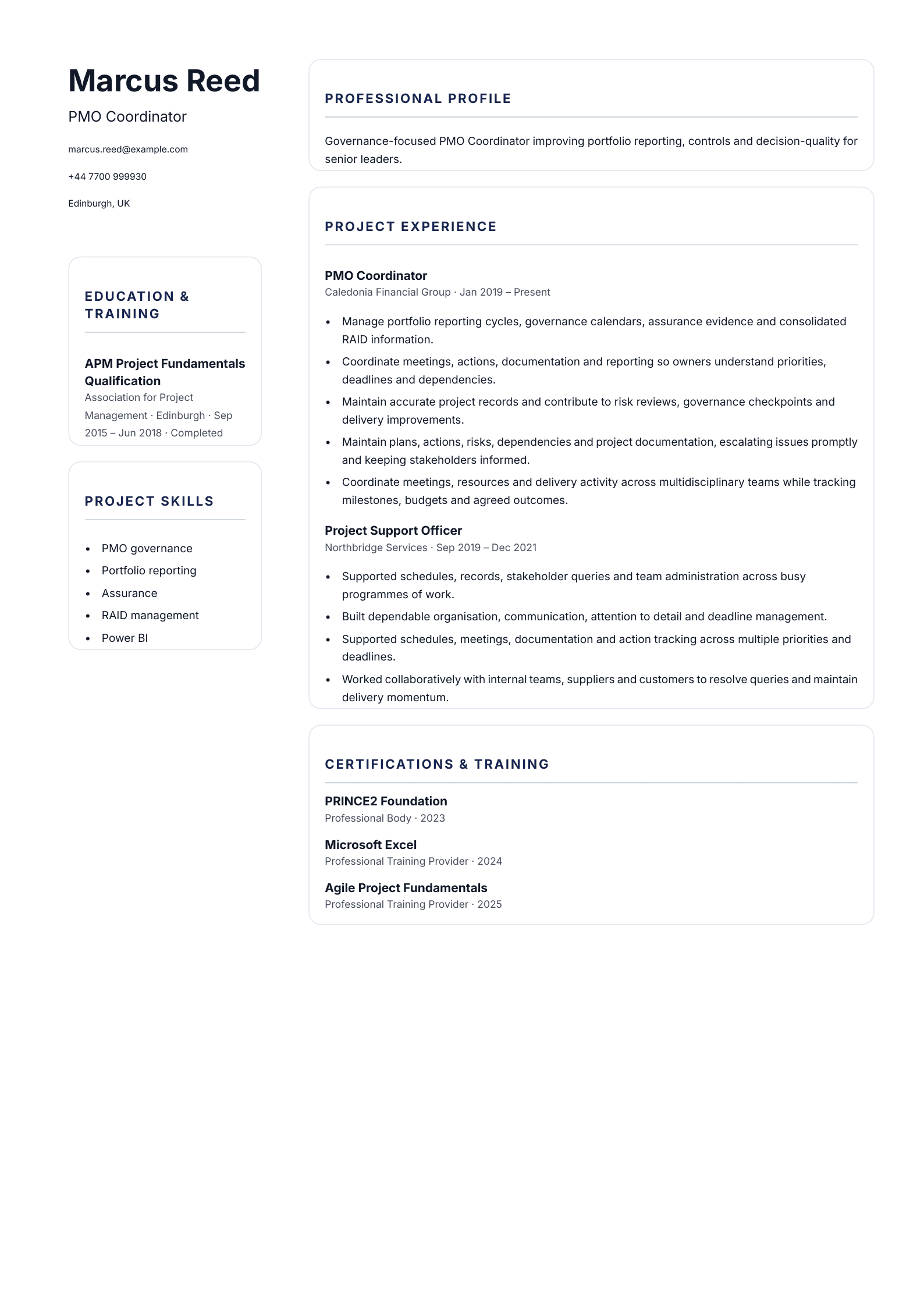 PMO Coordinator CV template