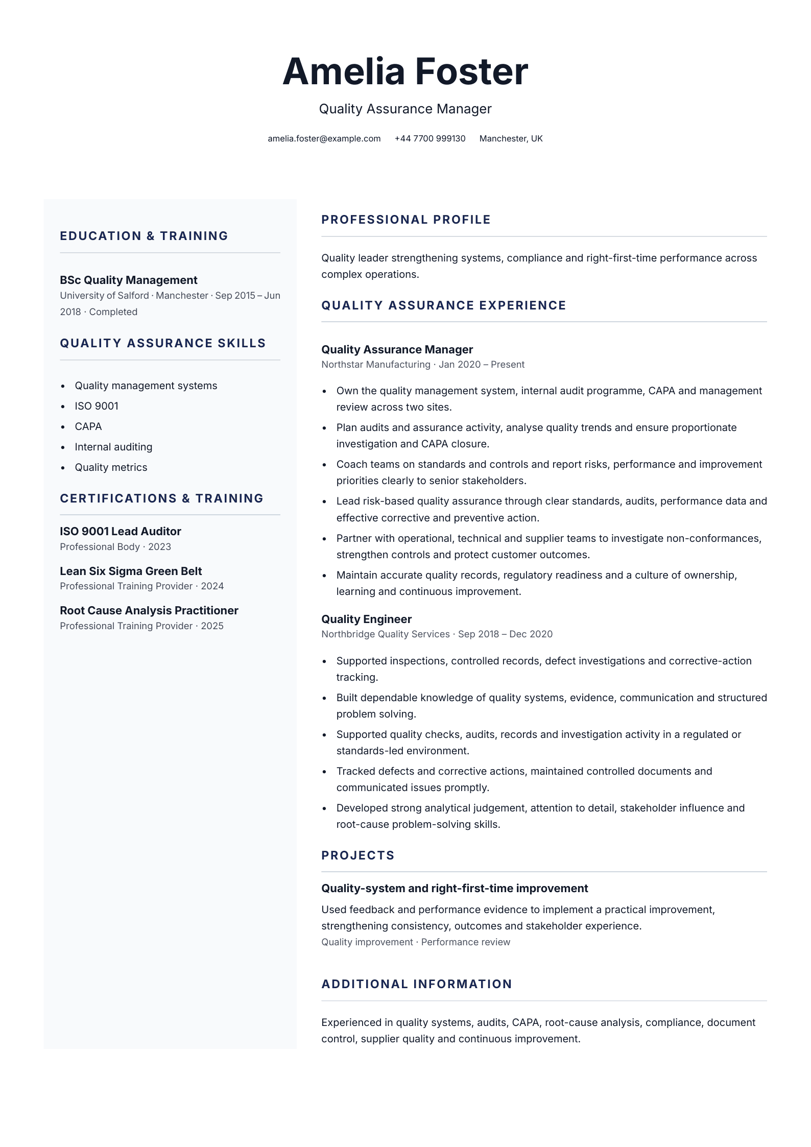 Quality assurance manager CV