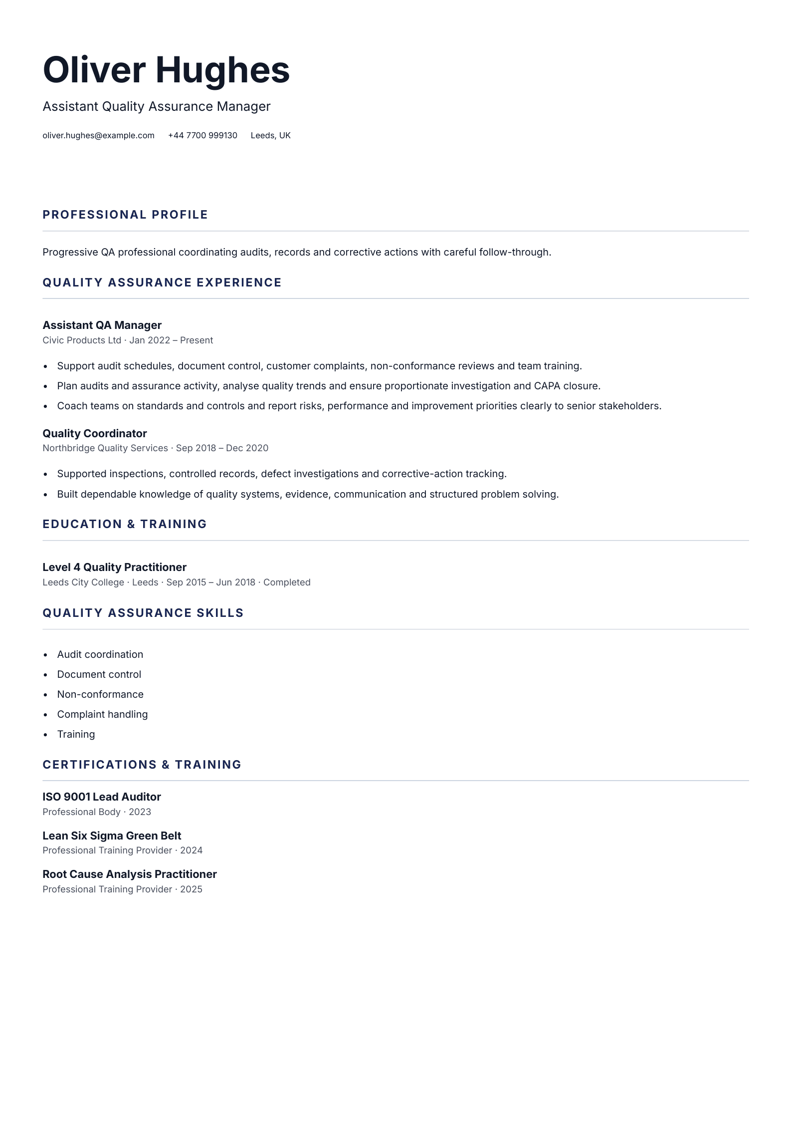 Assistant QA Manager CV template