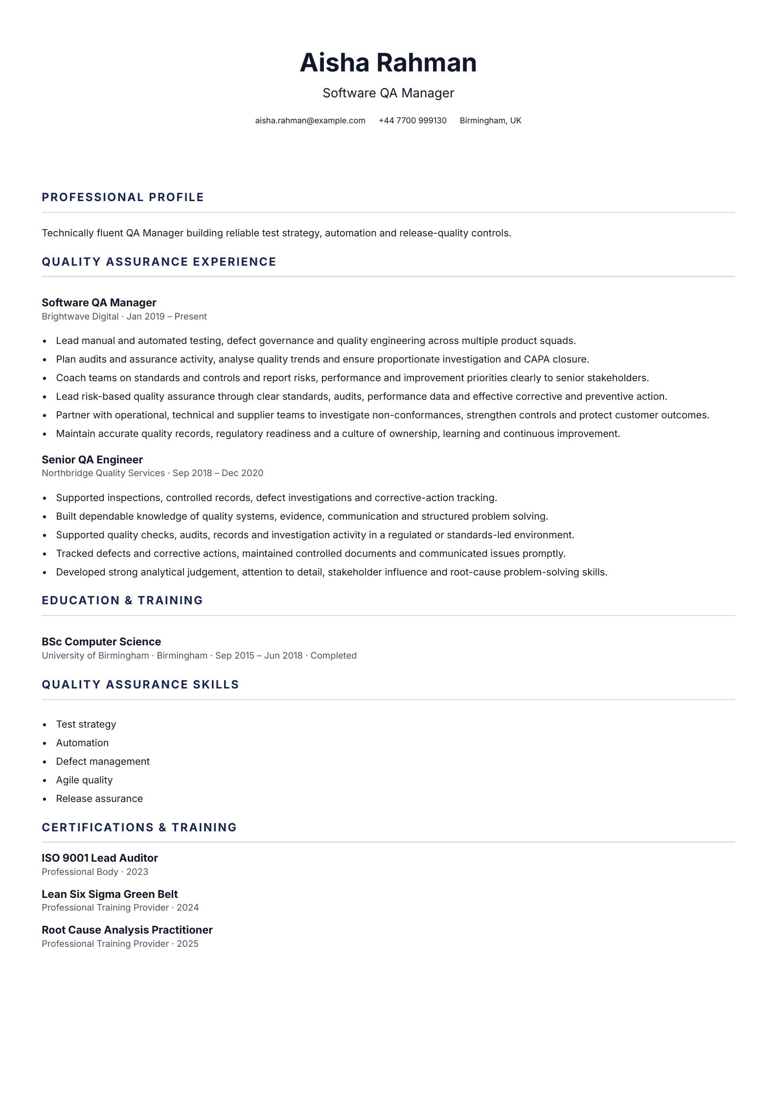 Software QA Manager CV template