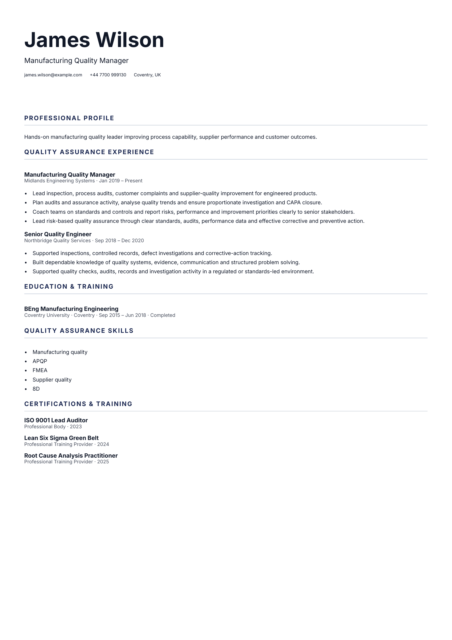 Manufacturing Quality Manager CV template