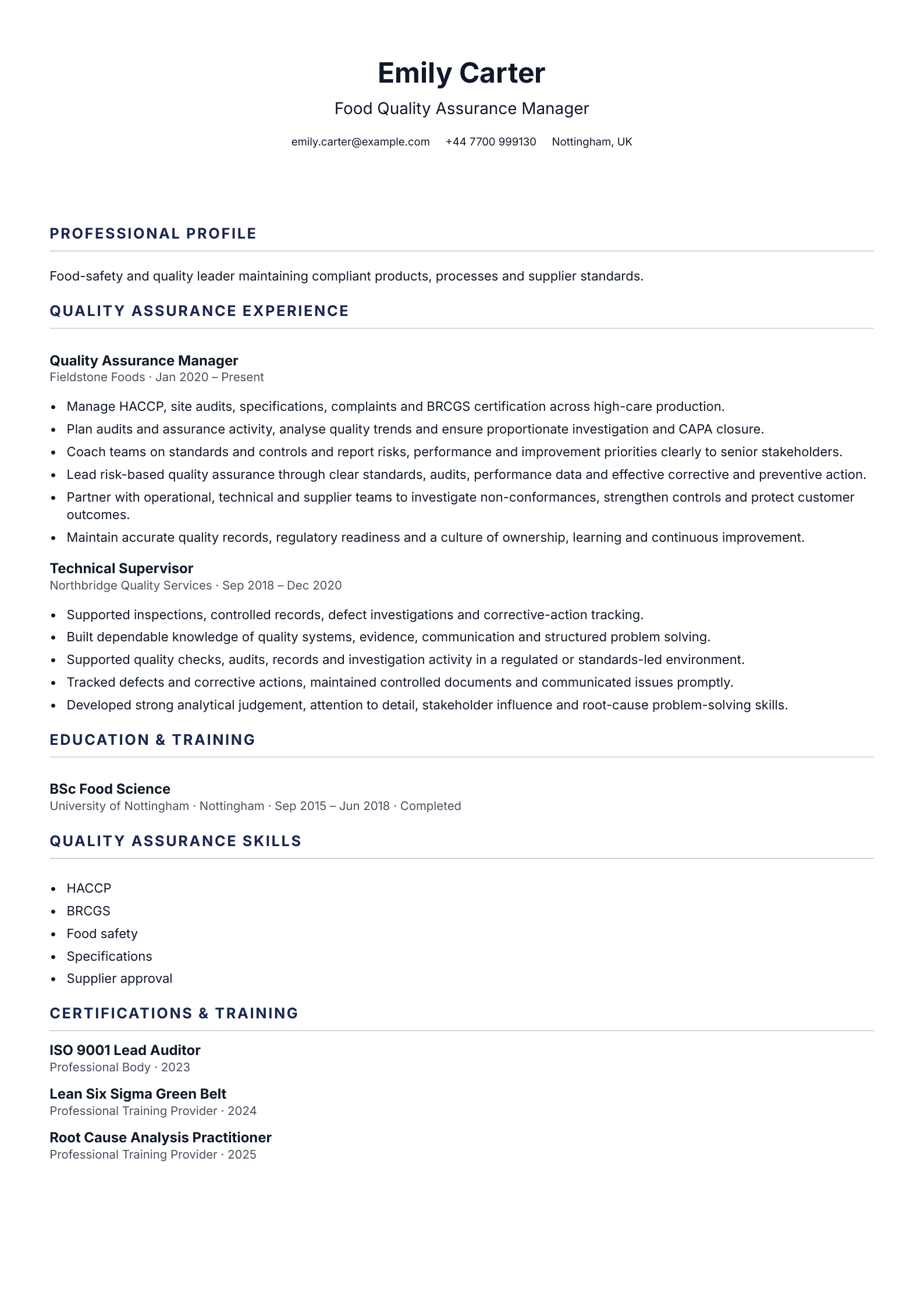 Food Quality Assurance Manager CV template