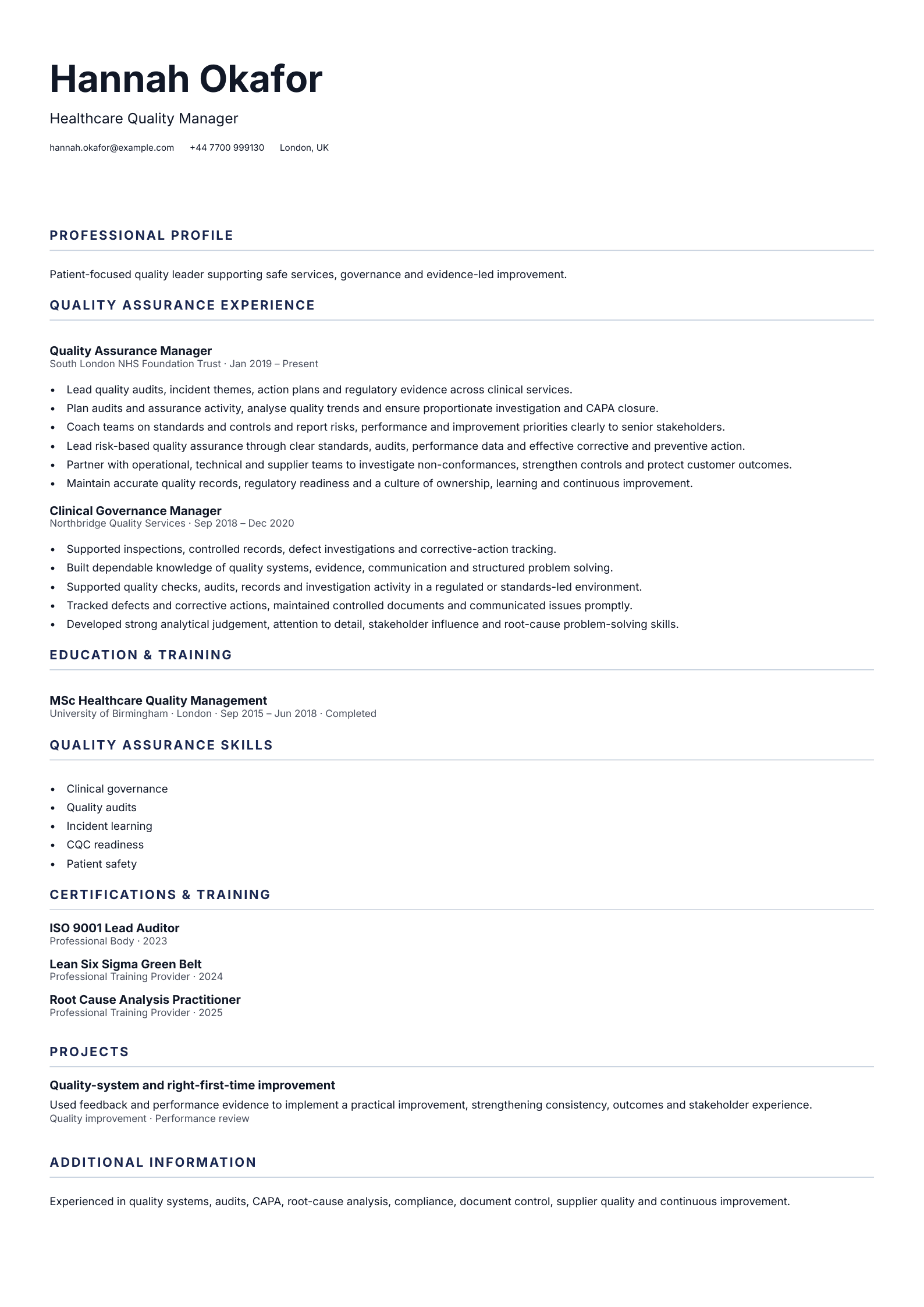 Healthcare Quality Manager CV template