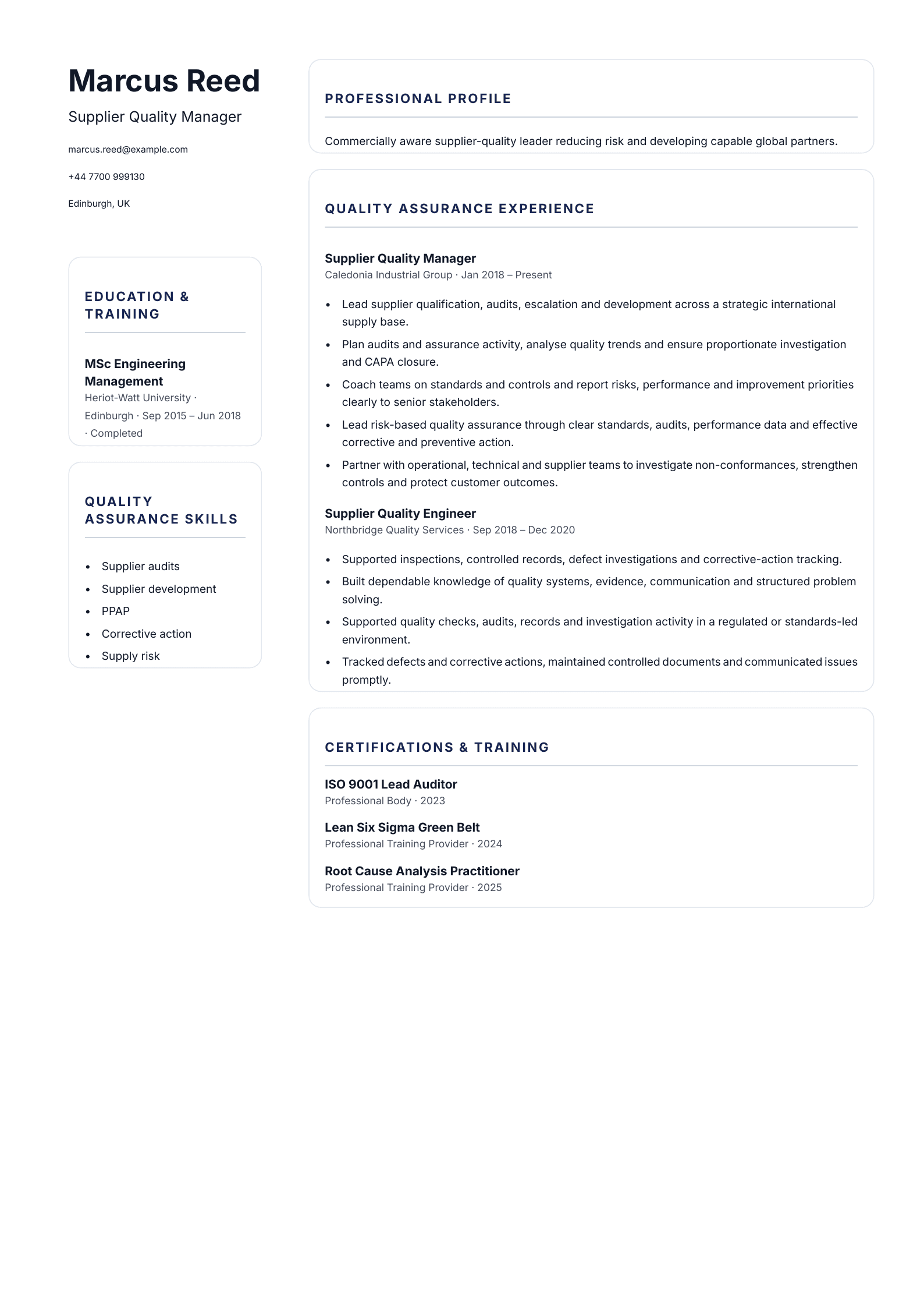 Supplier Quality Manager CV template