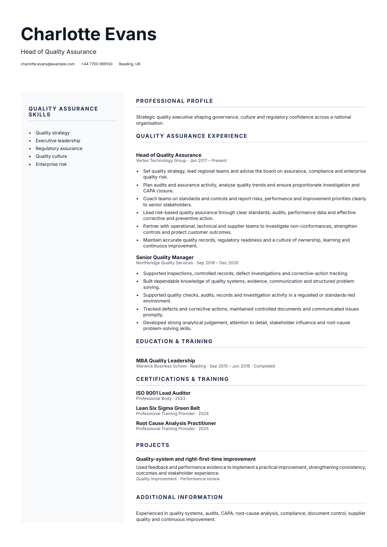 Head of Quality Assurance CV template