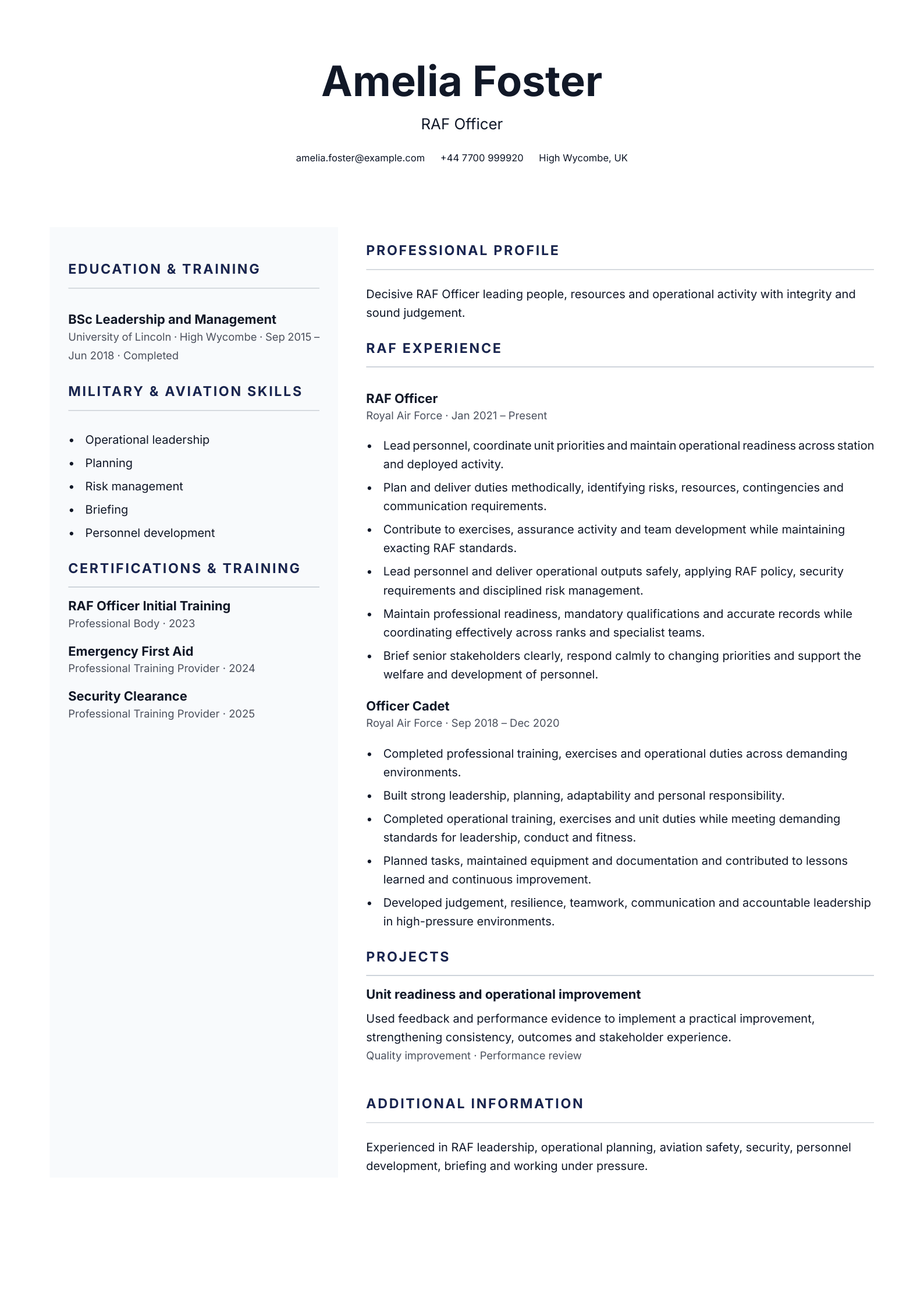 RAF officer CV