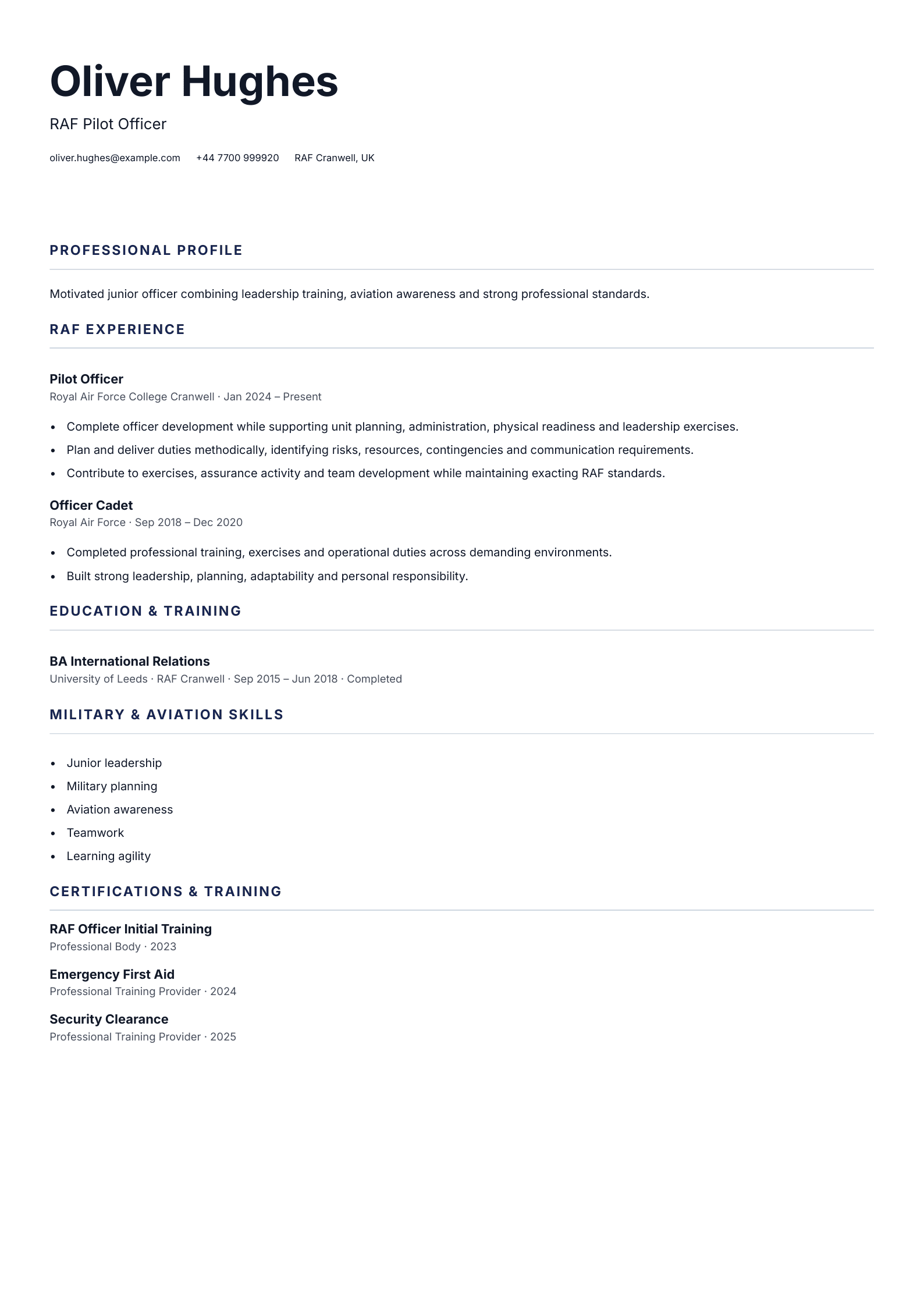 RAF Pilot Officer CV template