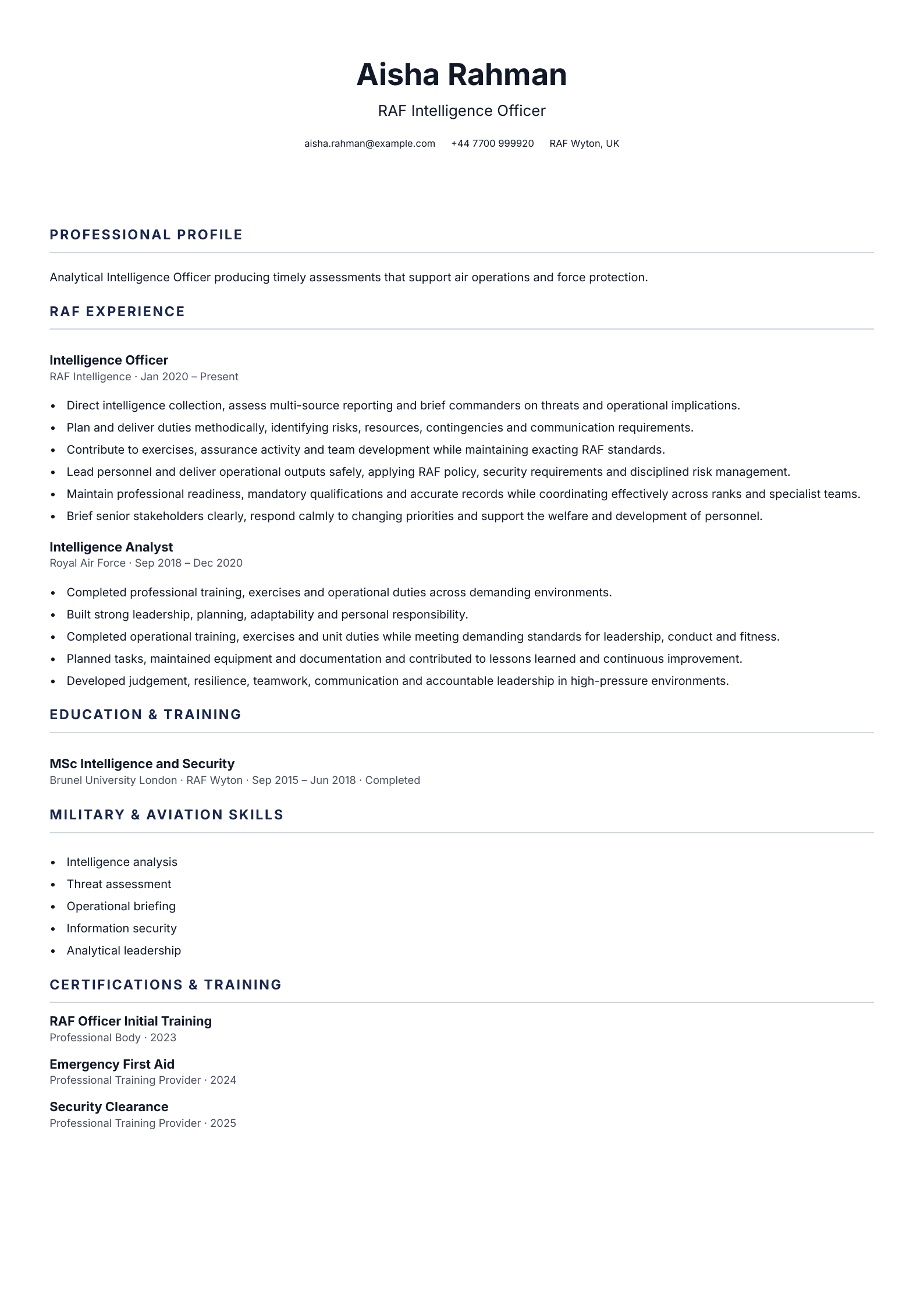 RAF Intelligence Officer CV template