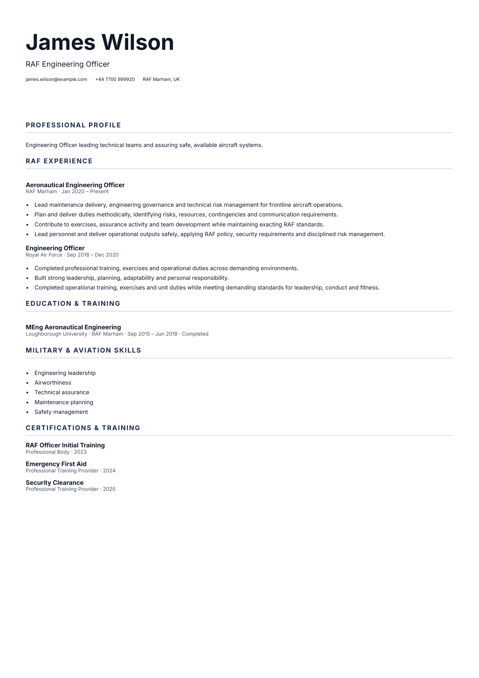 RAF Engineering Officer CV template