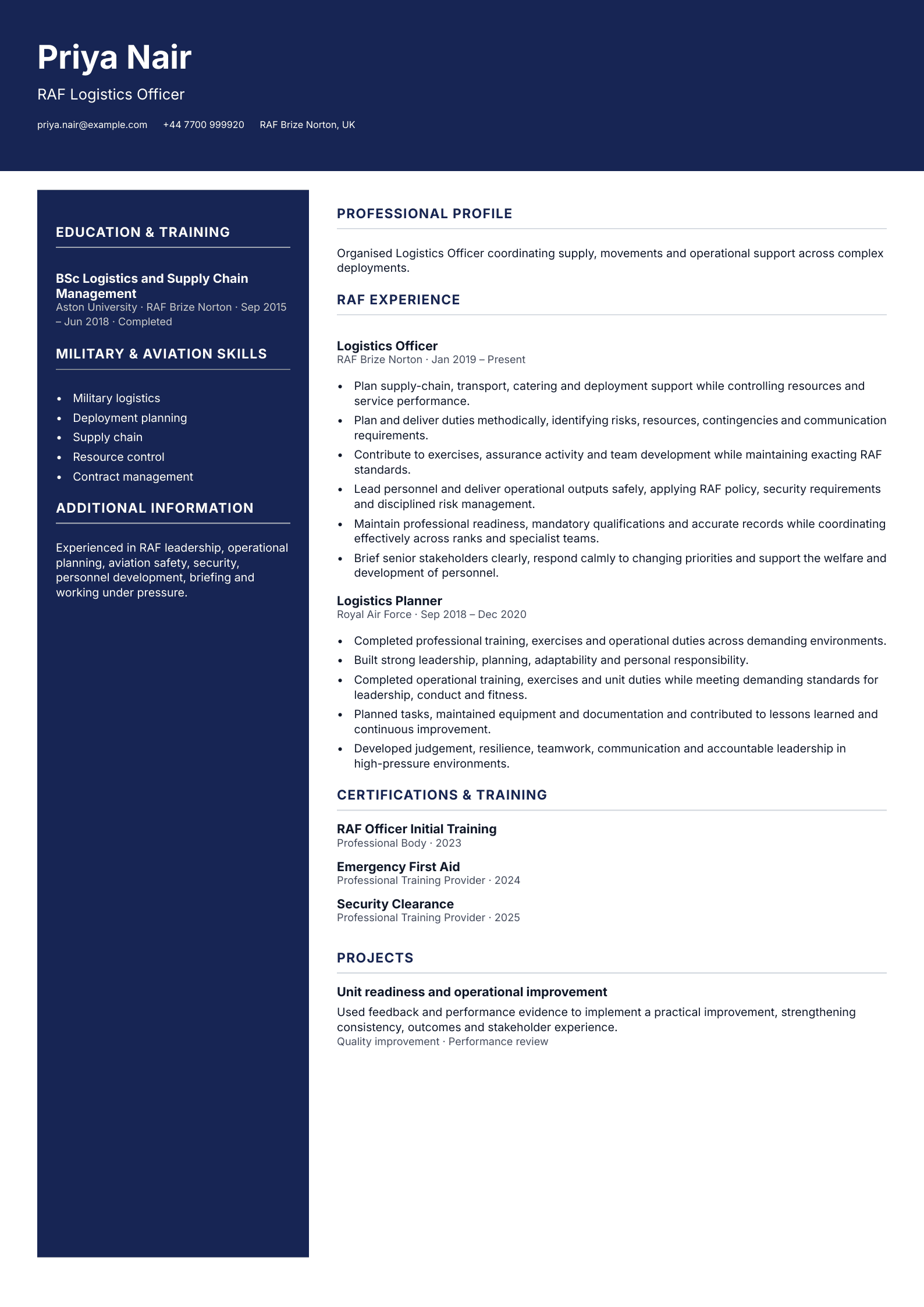 RAF Logistics Officer CV template