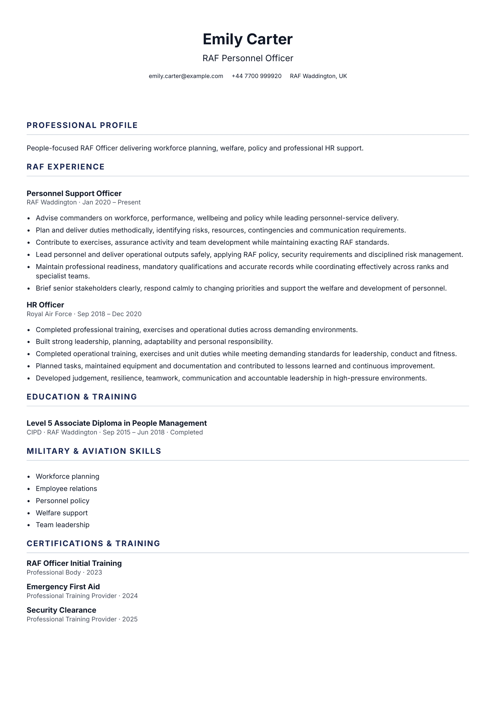 RAF Personnel Officer CV template