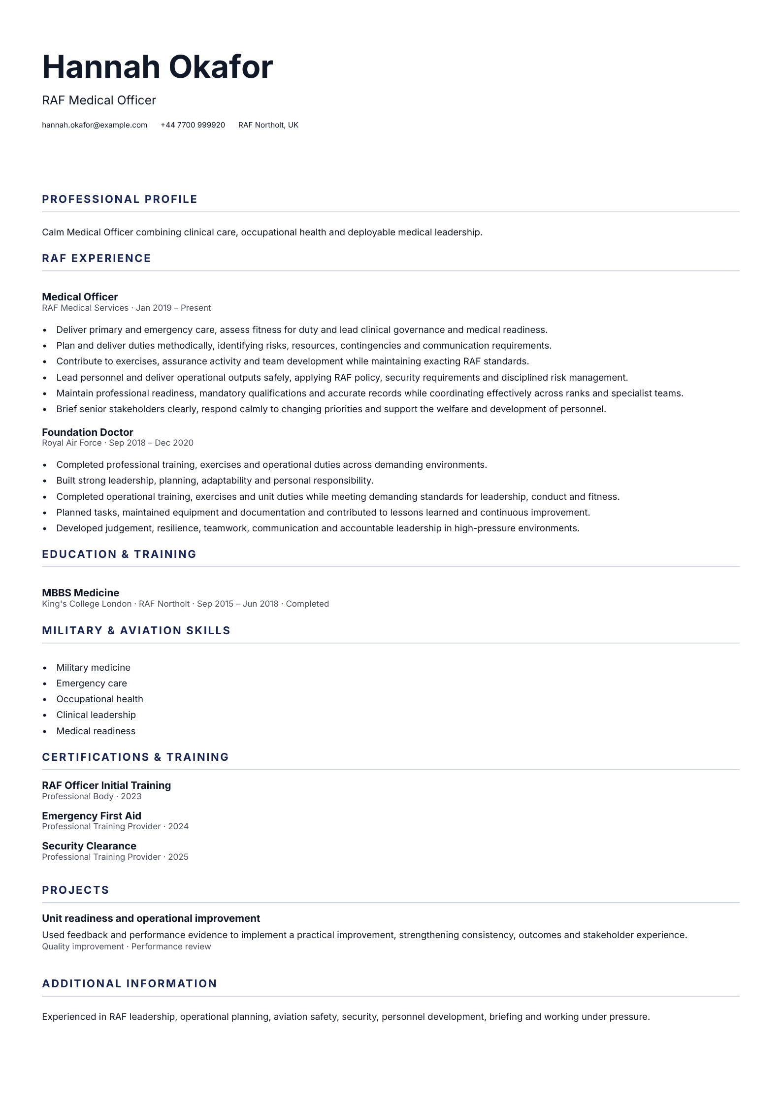 RAF Medical Officer CV template