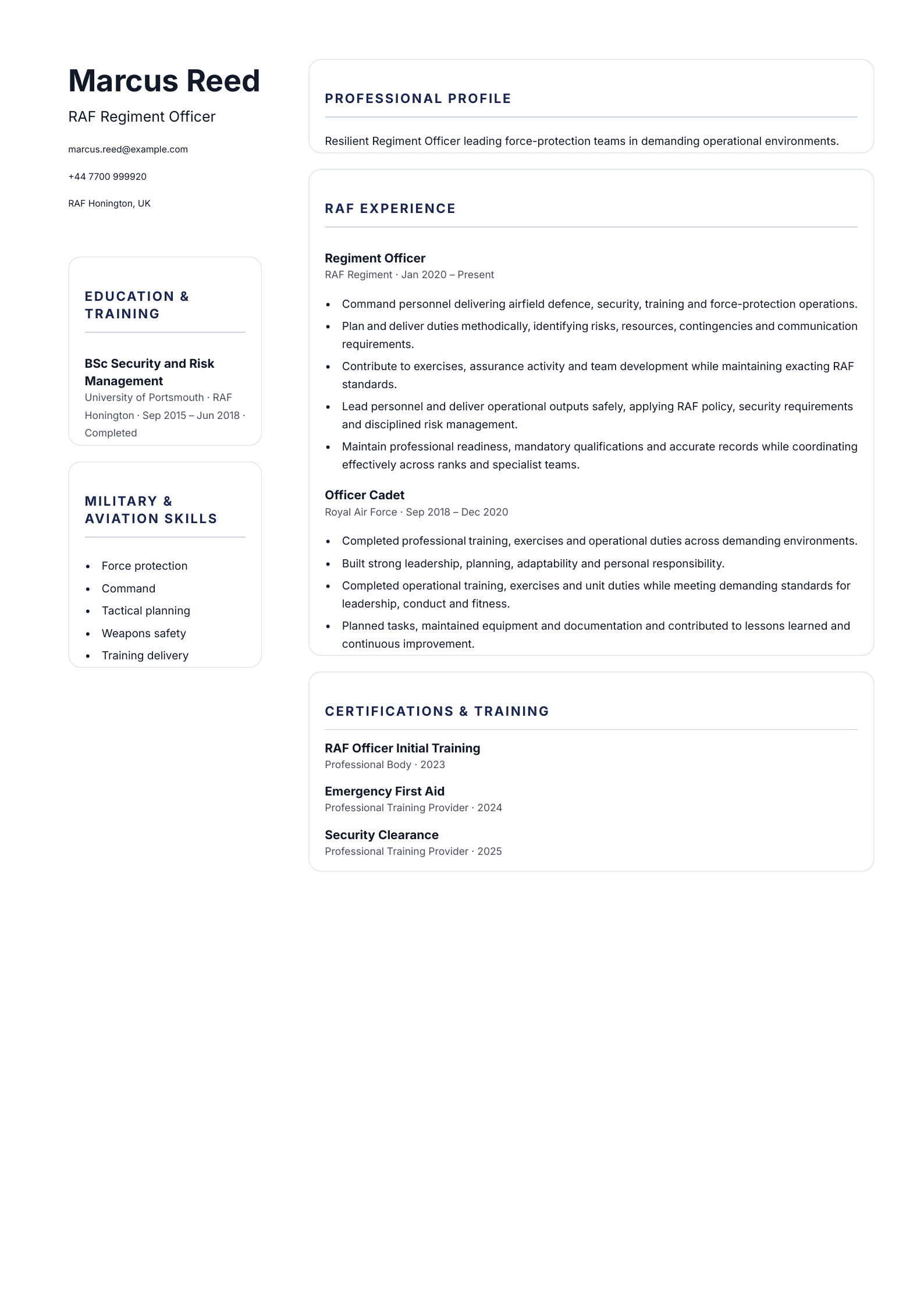 RAF Regiment Officer CV template