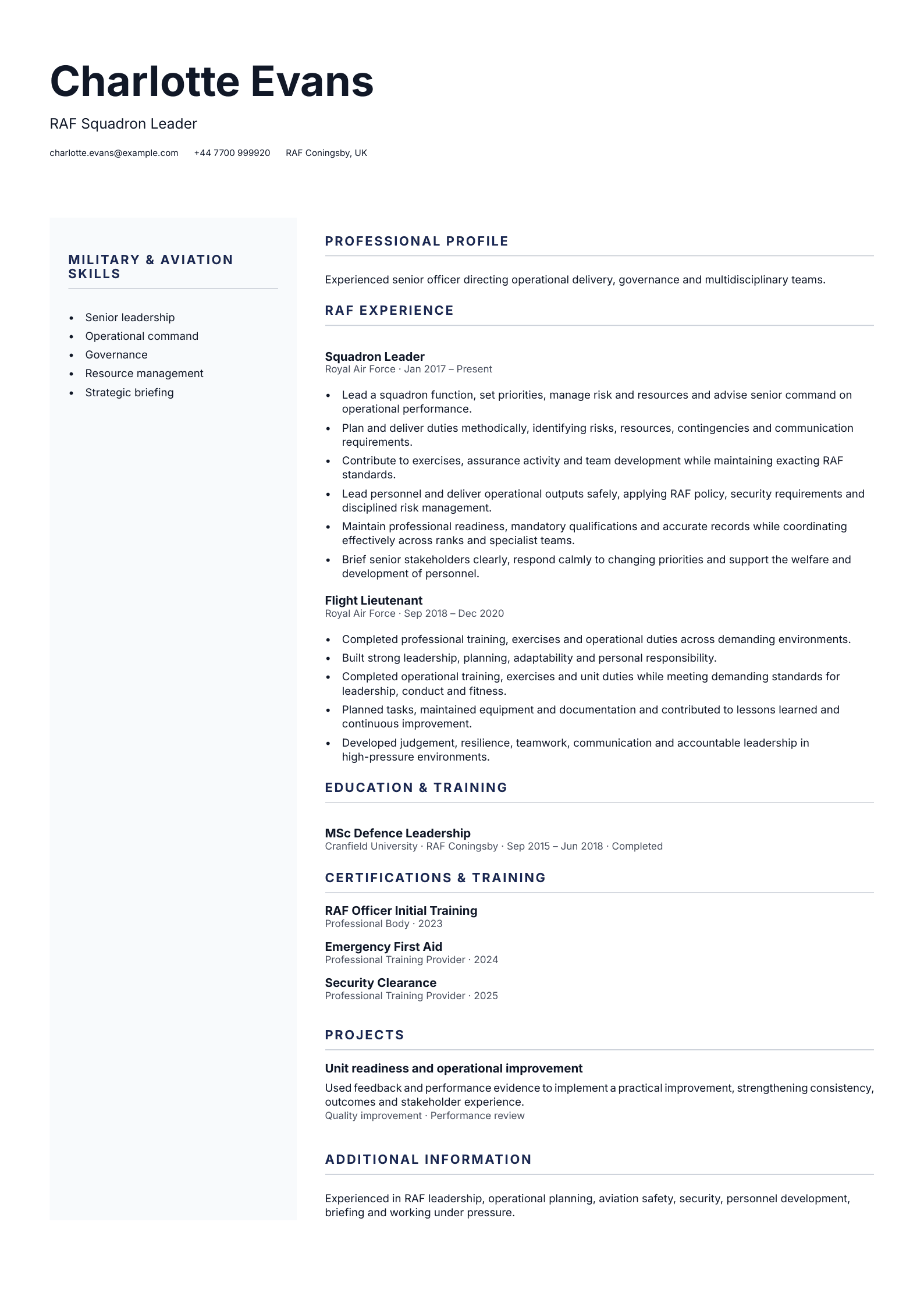 RAF Squadron Leader CV template