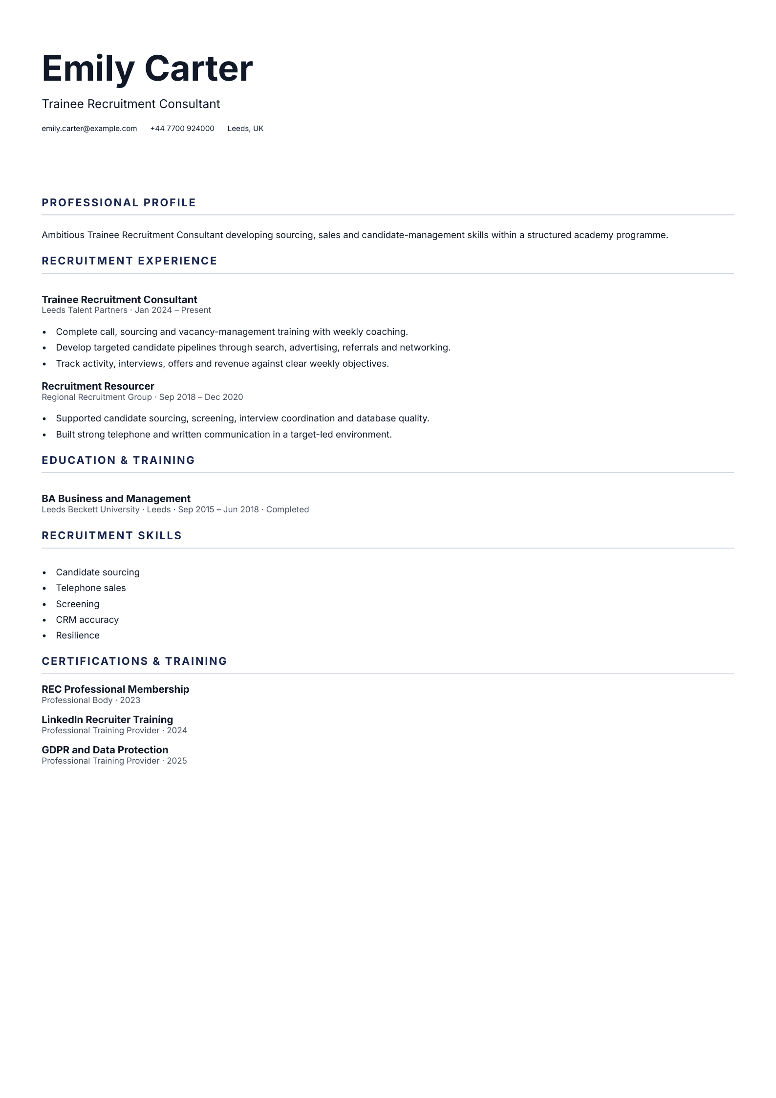 Trainee Recruitment Consultant CV template
