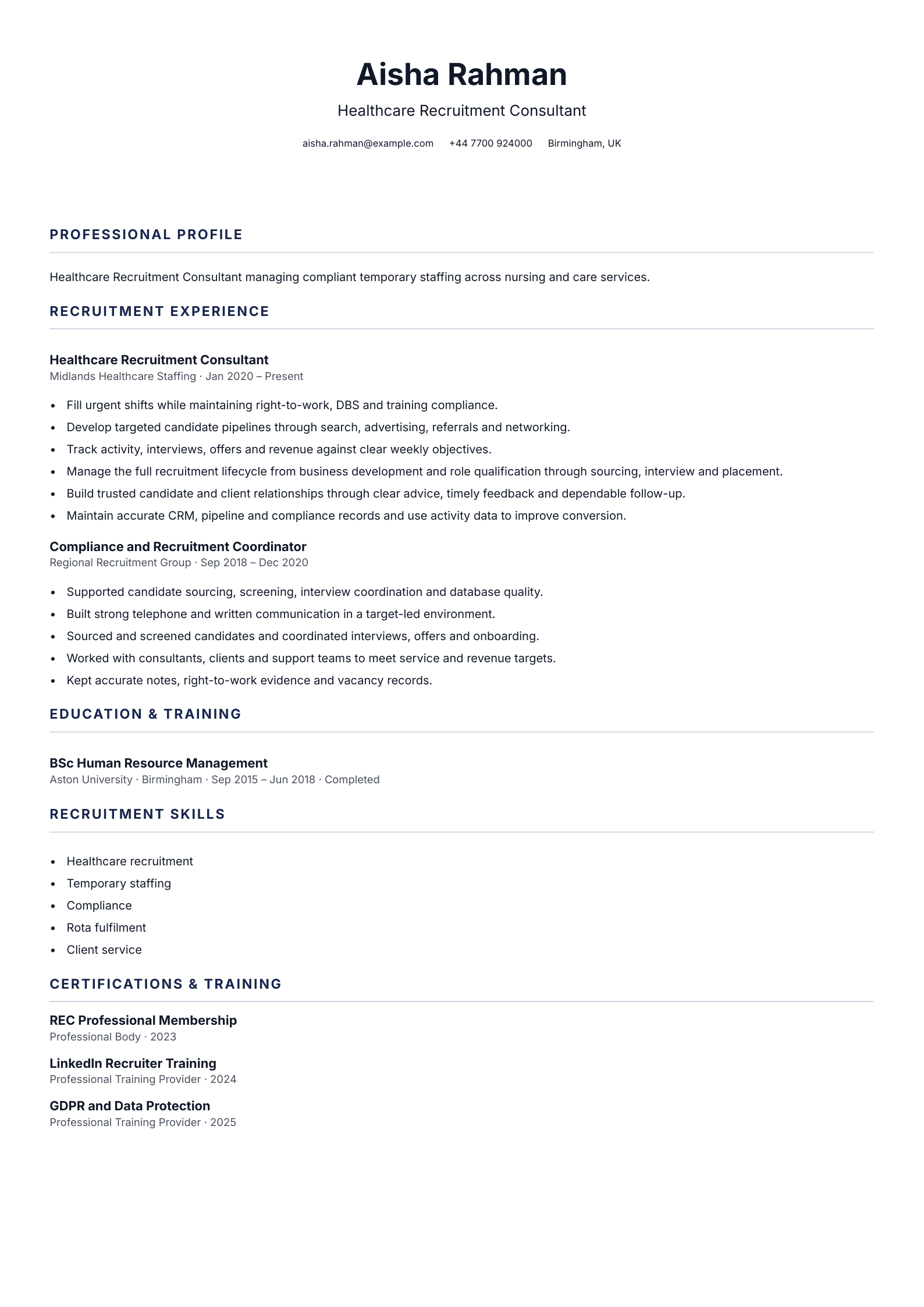 Healthcare Recruitment Consultant CV template