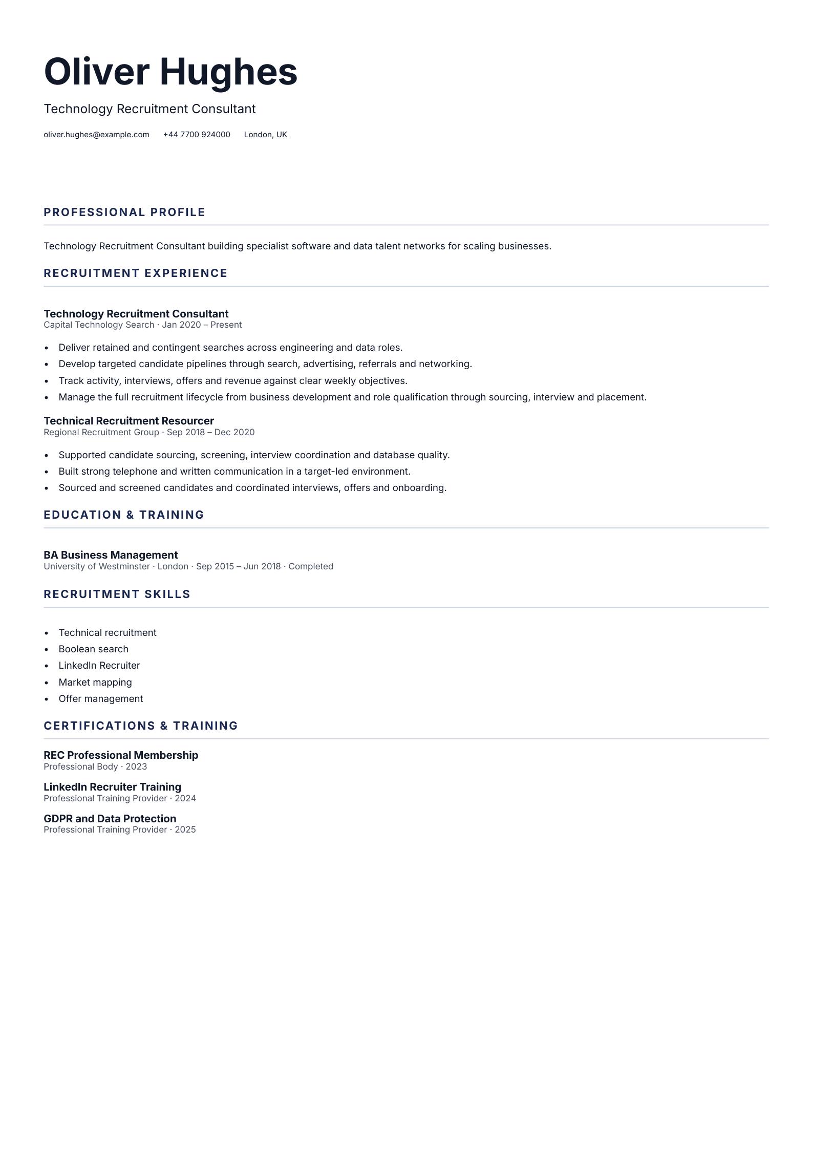 Technology Recruitment Consultant CV template