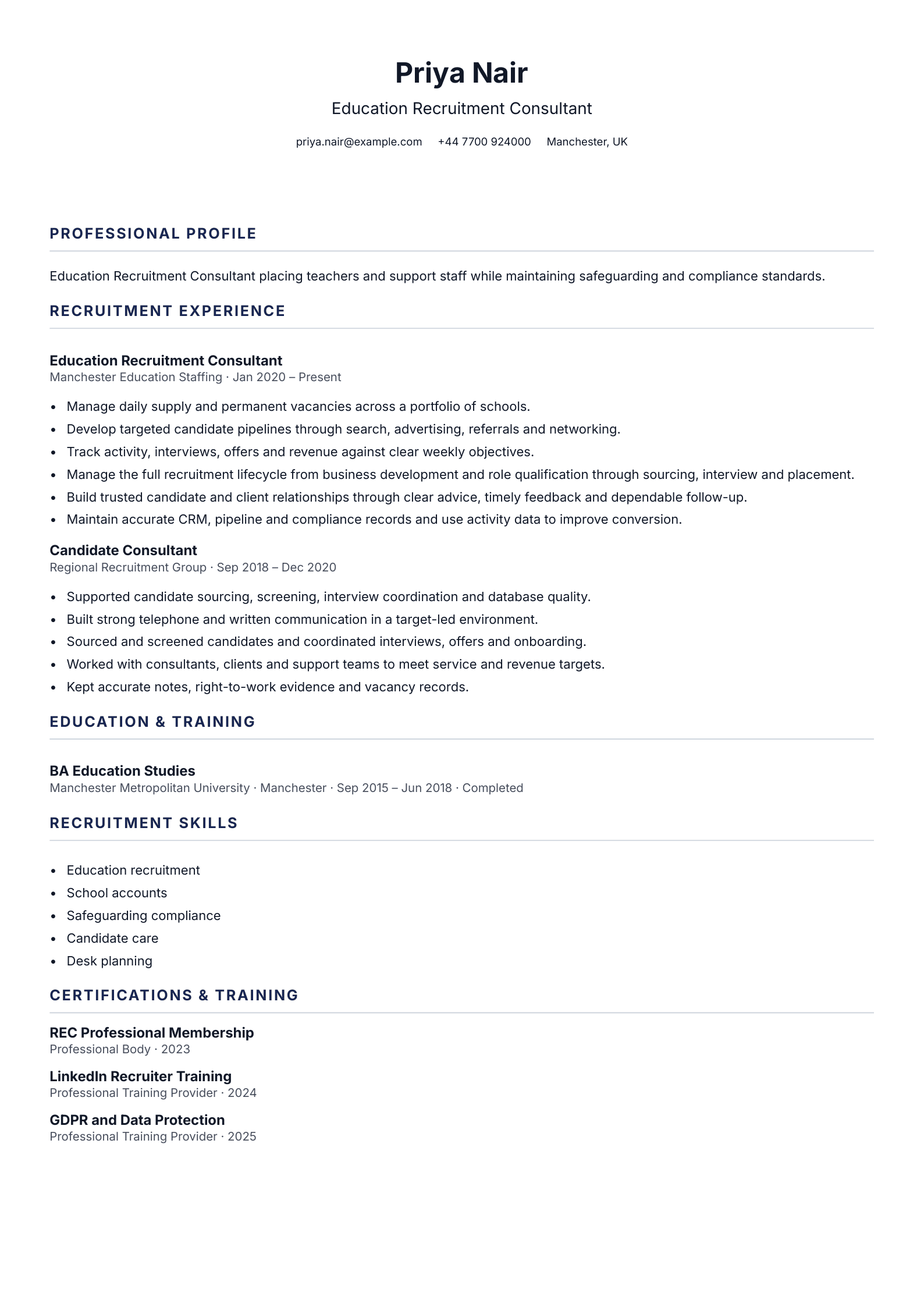 Education Recruitment Consultant CV template