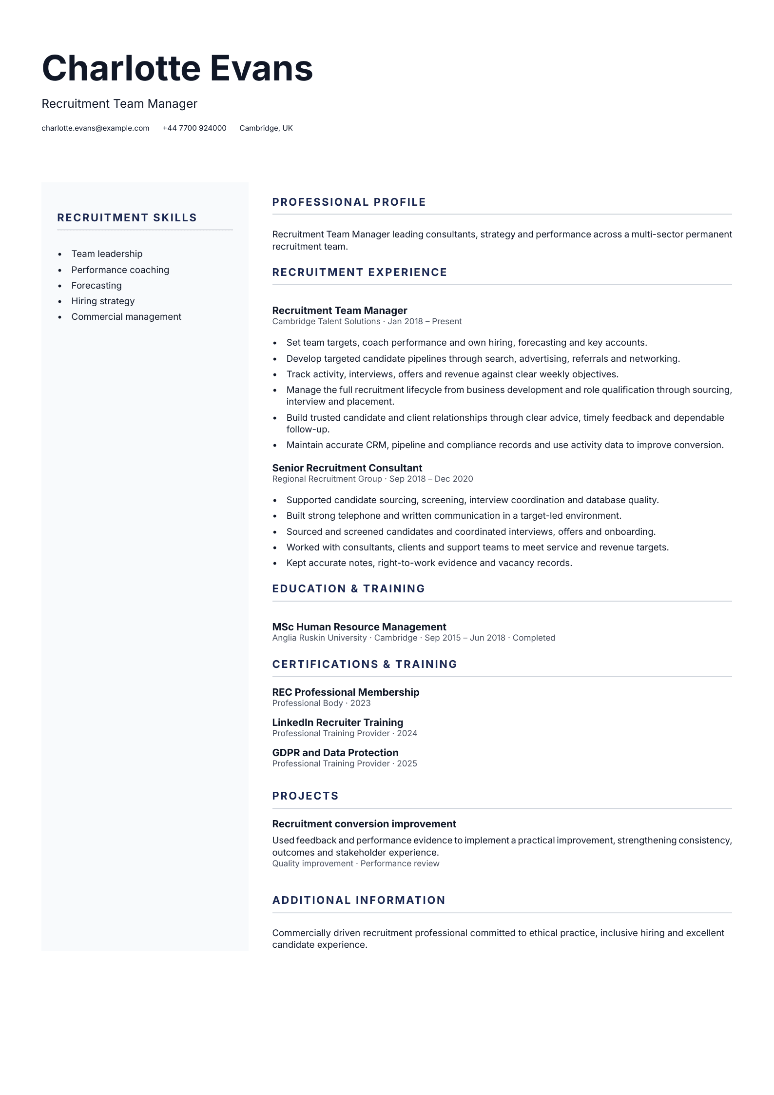 Recruitment Team Manager CV template