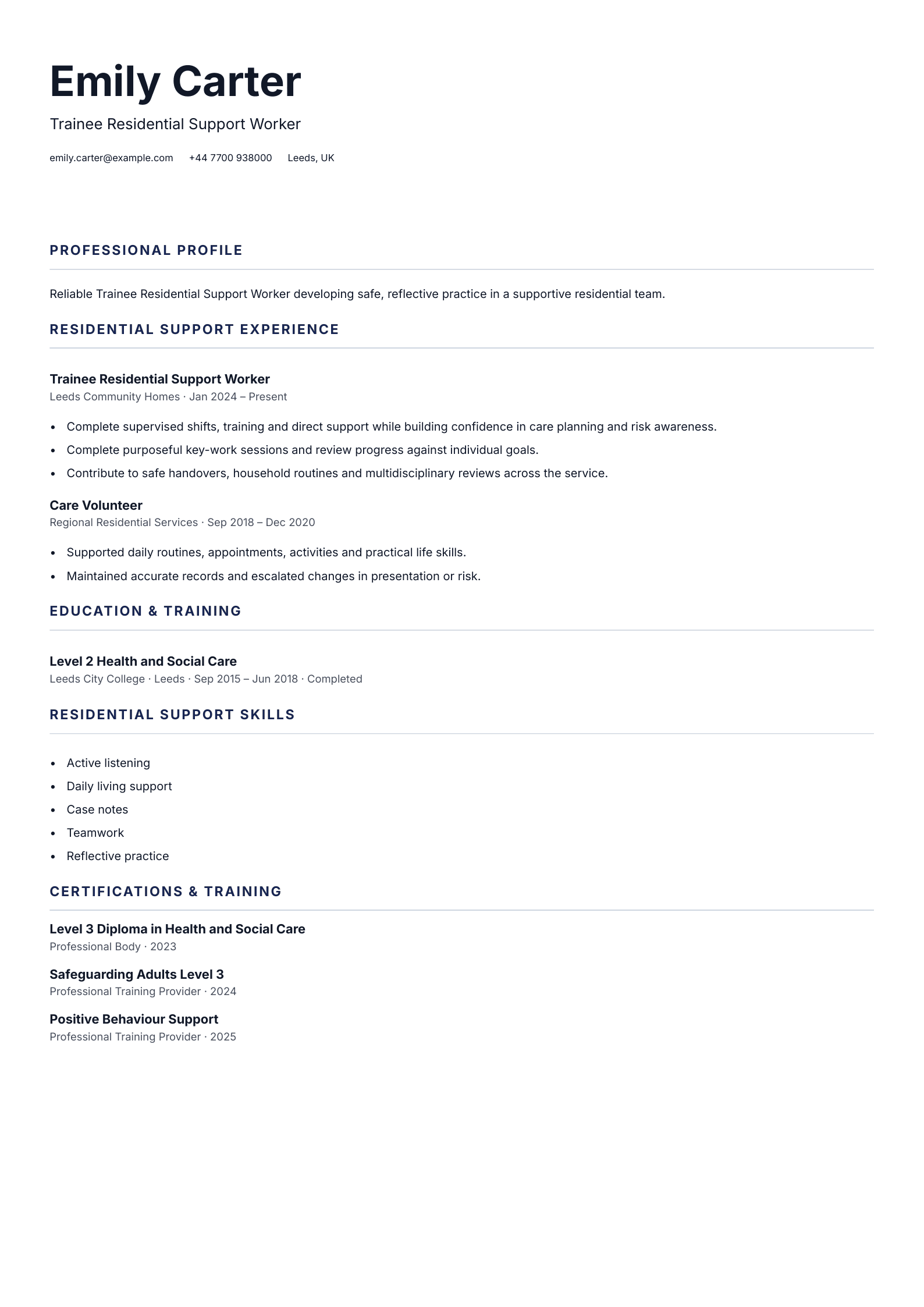 Trainee Residential Support Worker CV template
