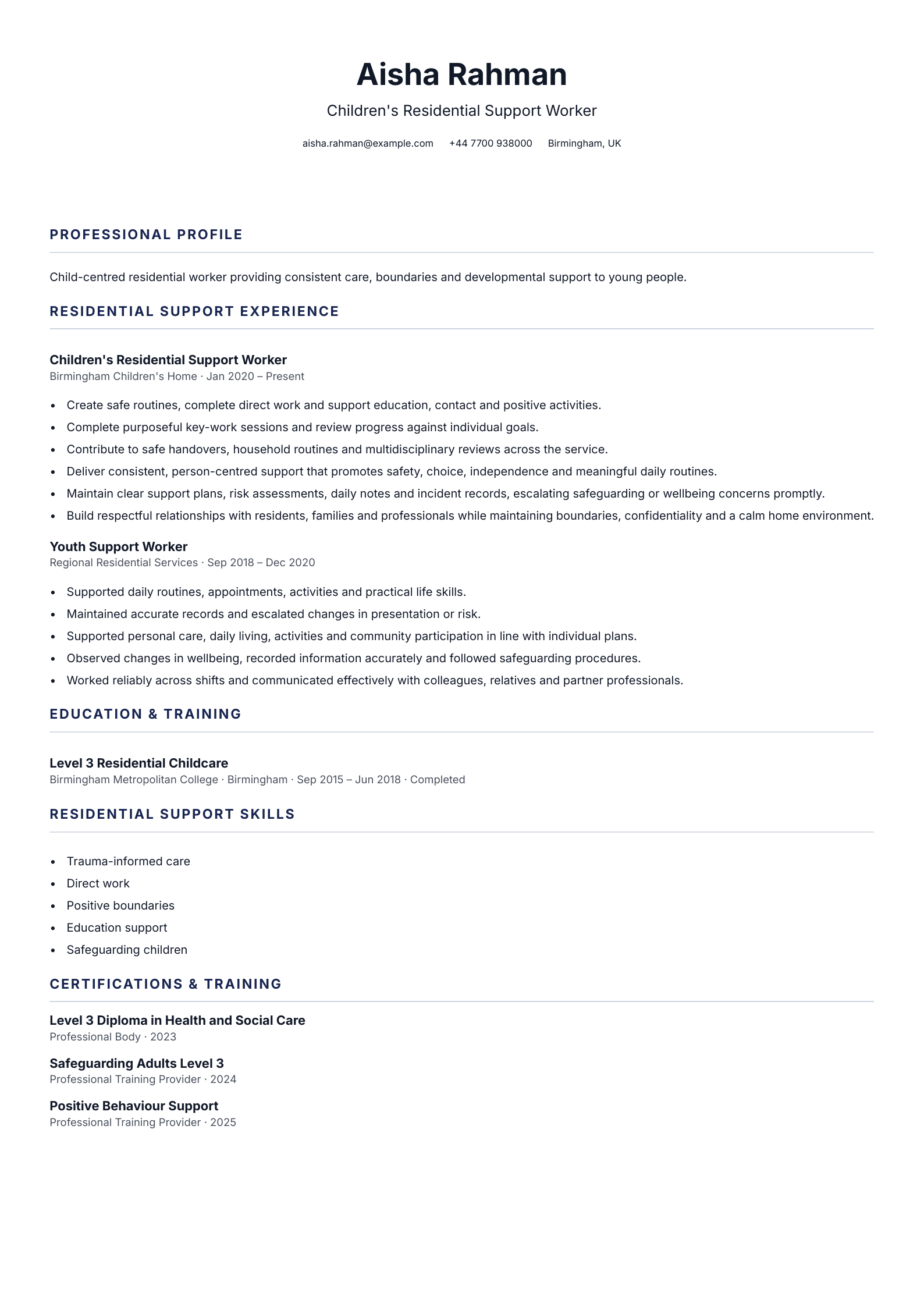 Children's Residential Support Worker CV template