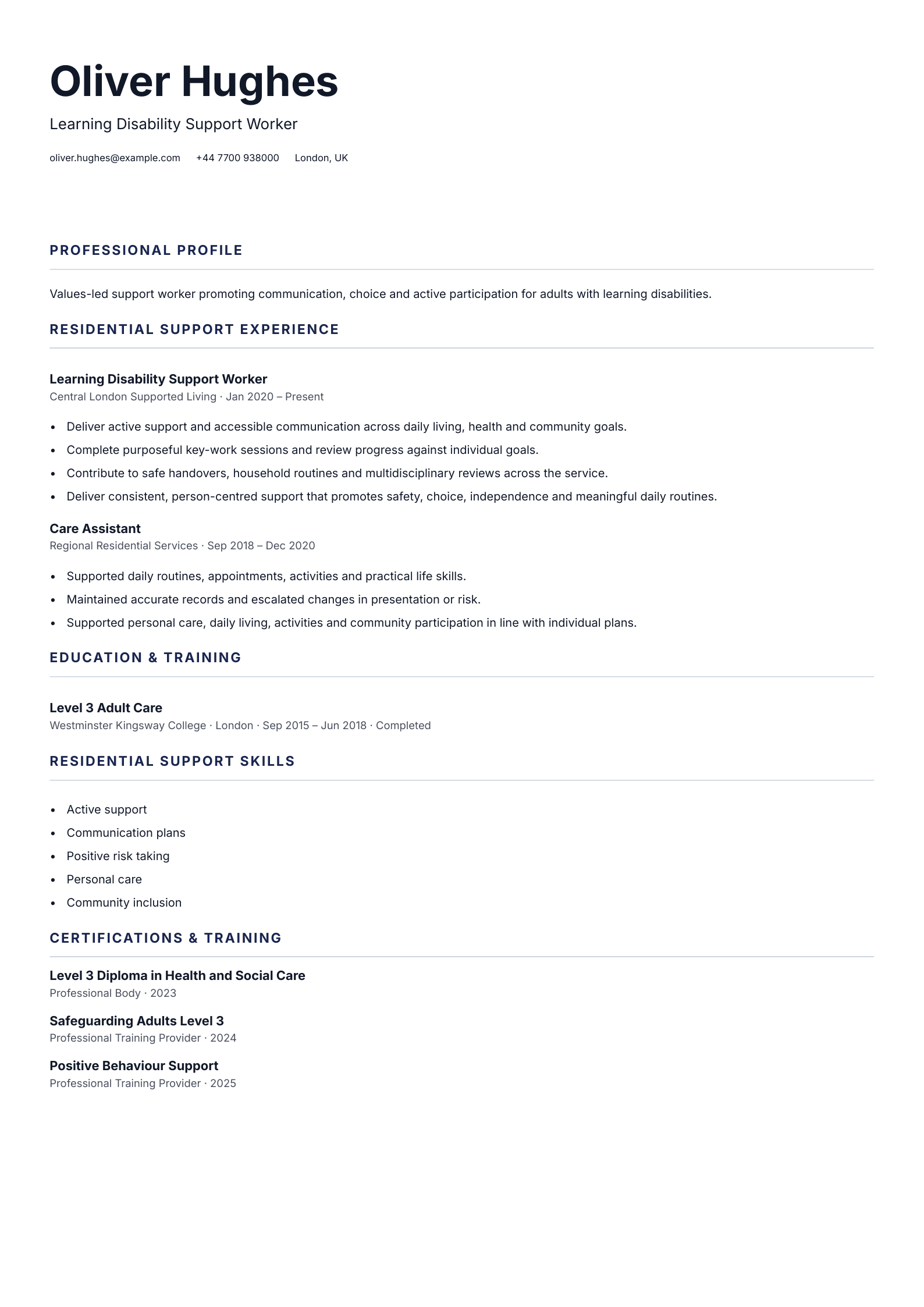 Learning Disability Support Worker CV template