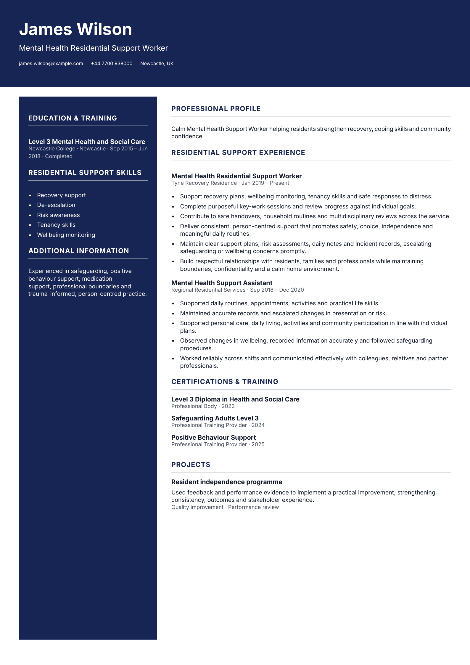 Mental Health Residential Support Worker CV template