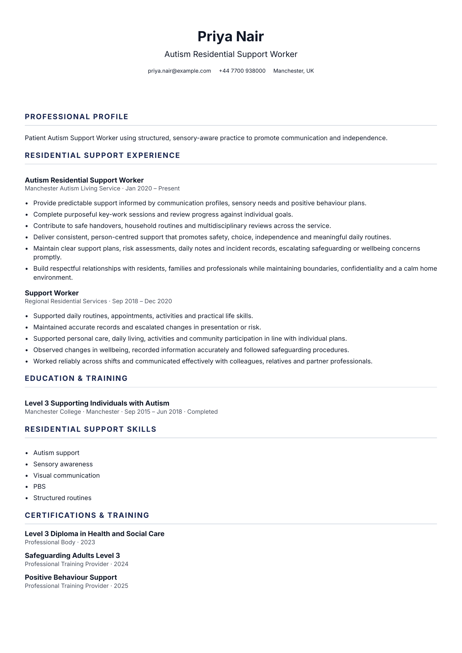 Autism Residential Support Worker CV template