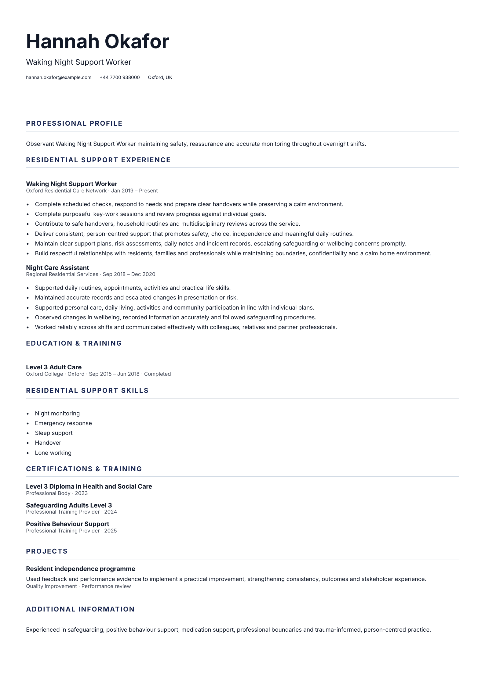 Waking Night Support Worker CV template
