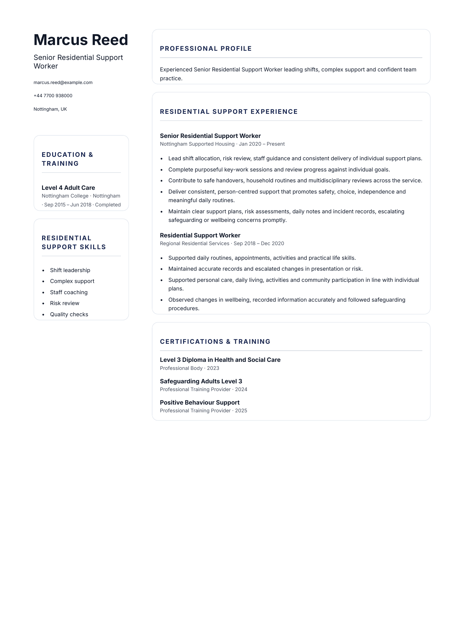 Senior Residential Support Worker CV template