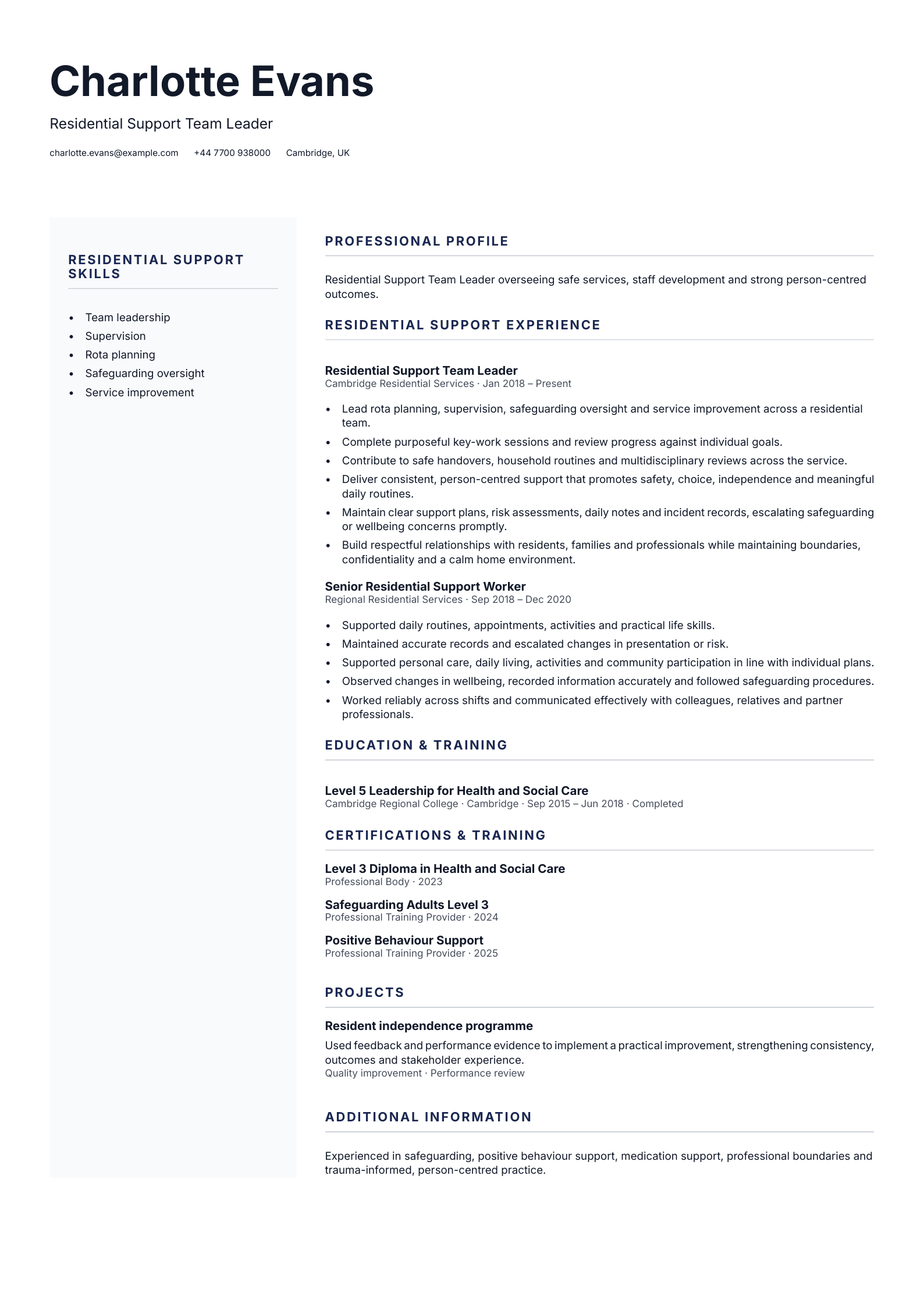 Residential Support Team Leader CV template